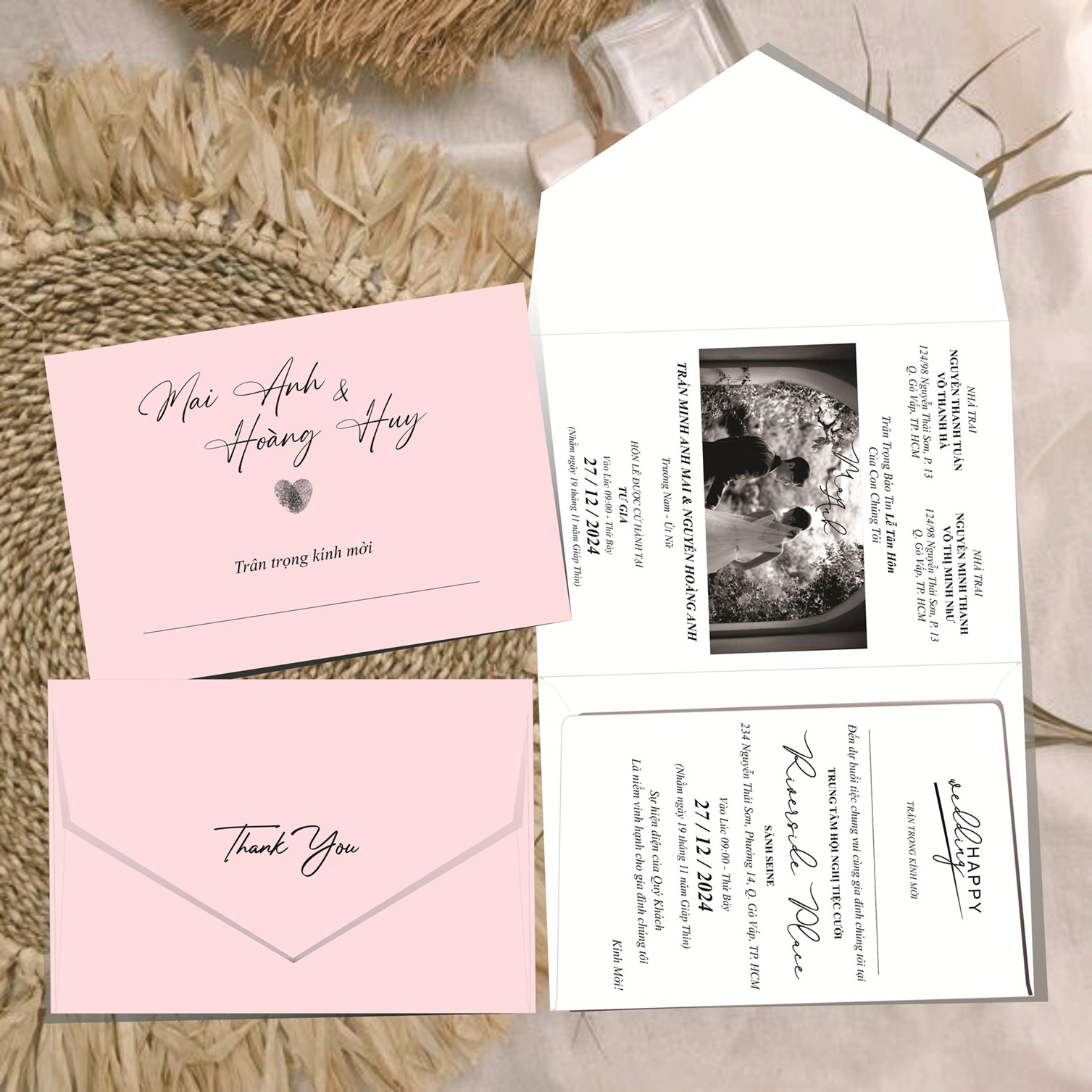 (RR3IN1 - BN044) Thiệp Cưới Gập 3 Có Bao Thư 3IN1