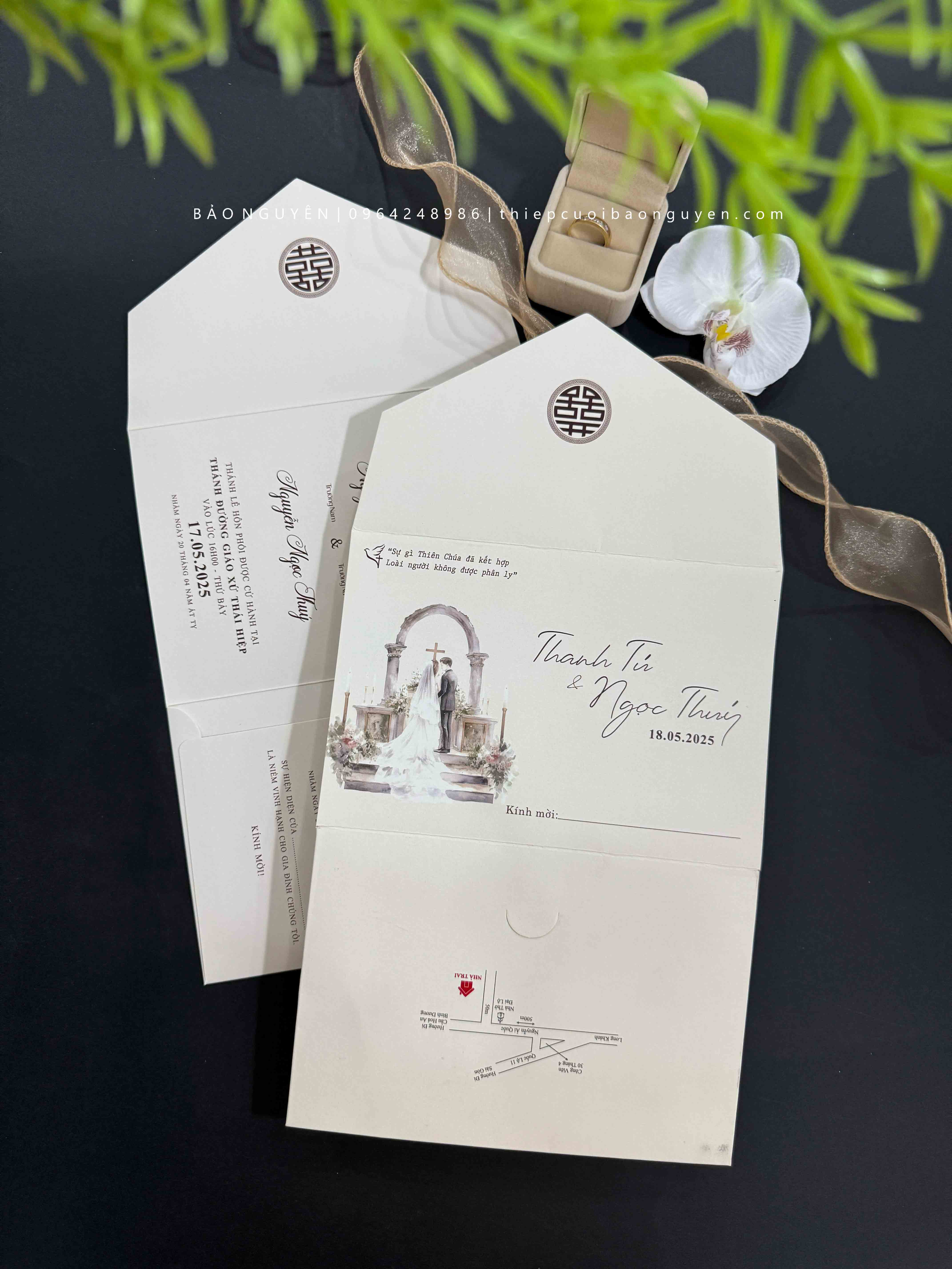 (RR3IN1 - BN046) Thiệp Cưới Gập 3 Có Bao Thư 3IN1