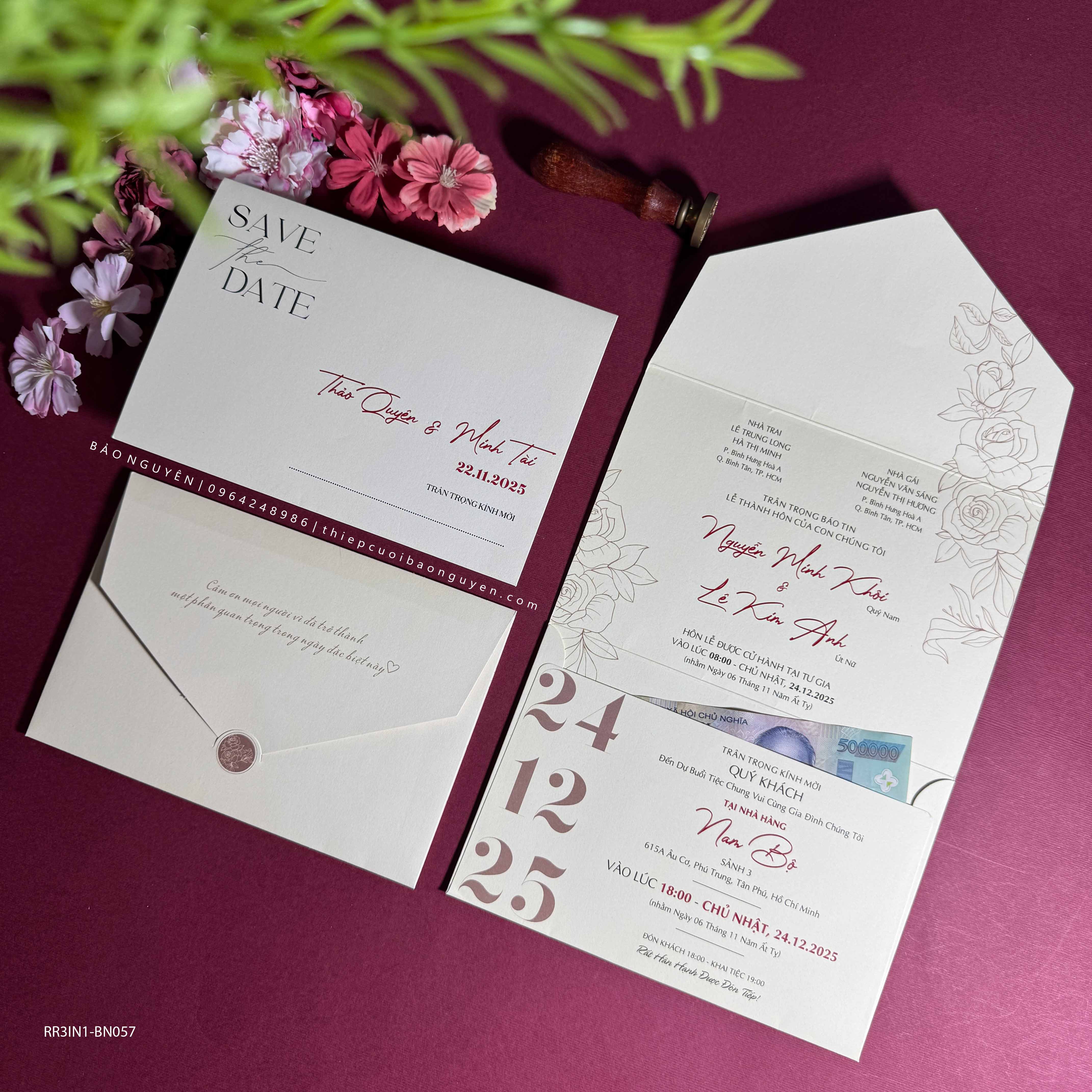 (RR3IN1 - BN057) Thiệp Cưới Gập 3 Có Bao Thư 3IN1
