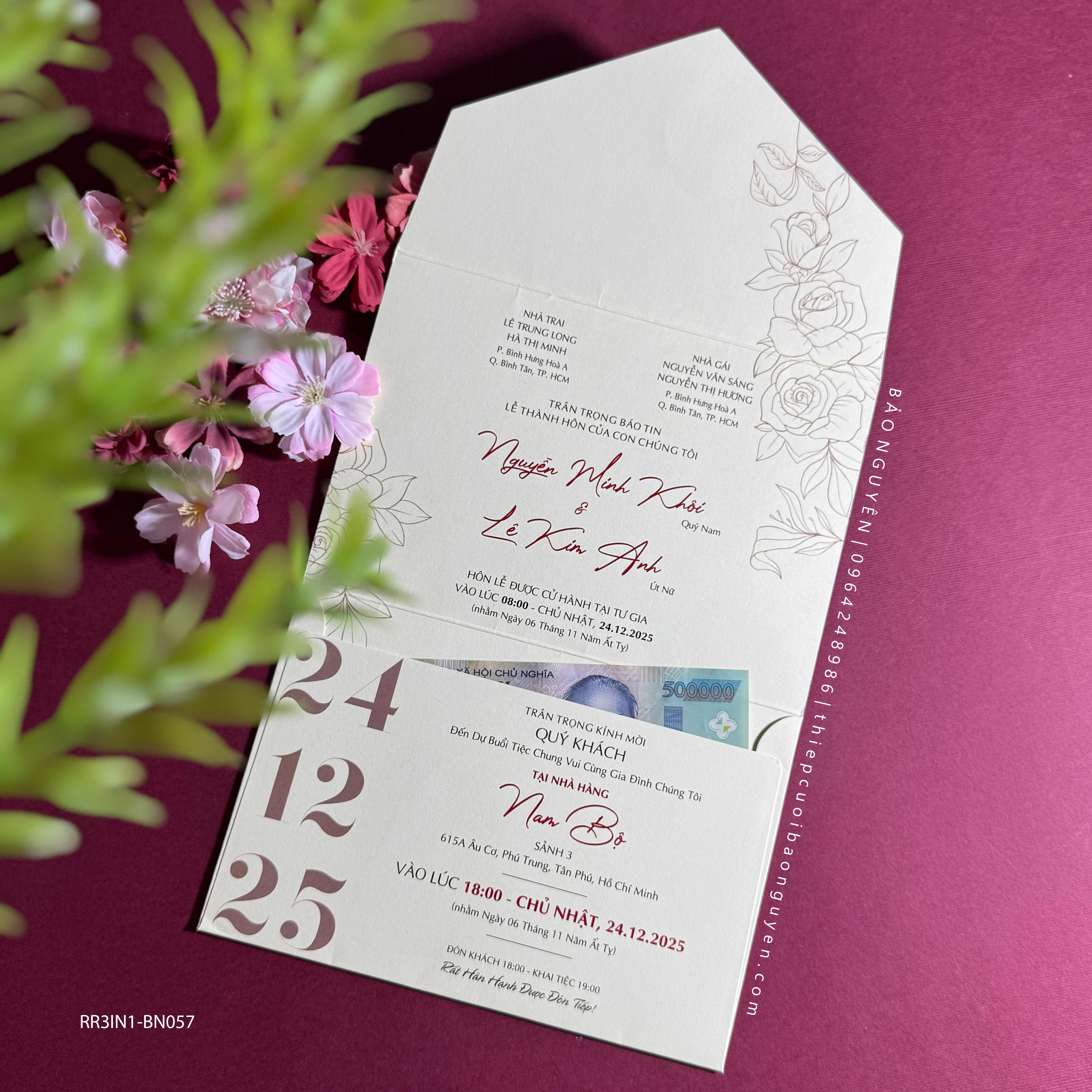 (RR3IN1 - BN057) Thiệp Cưới Gập 3 Có Bao Thư 3IN1