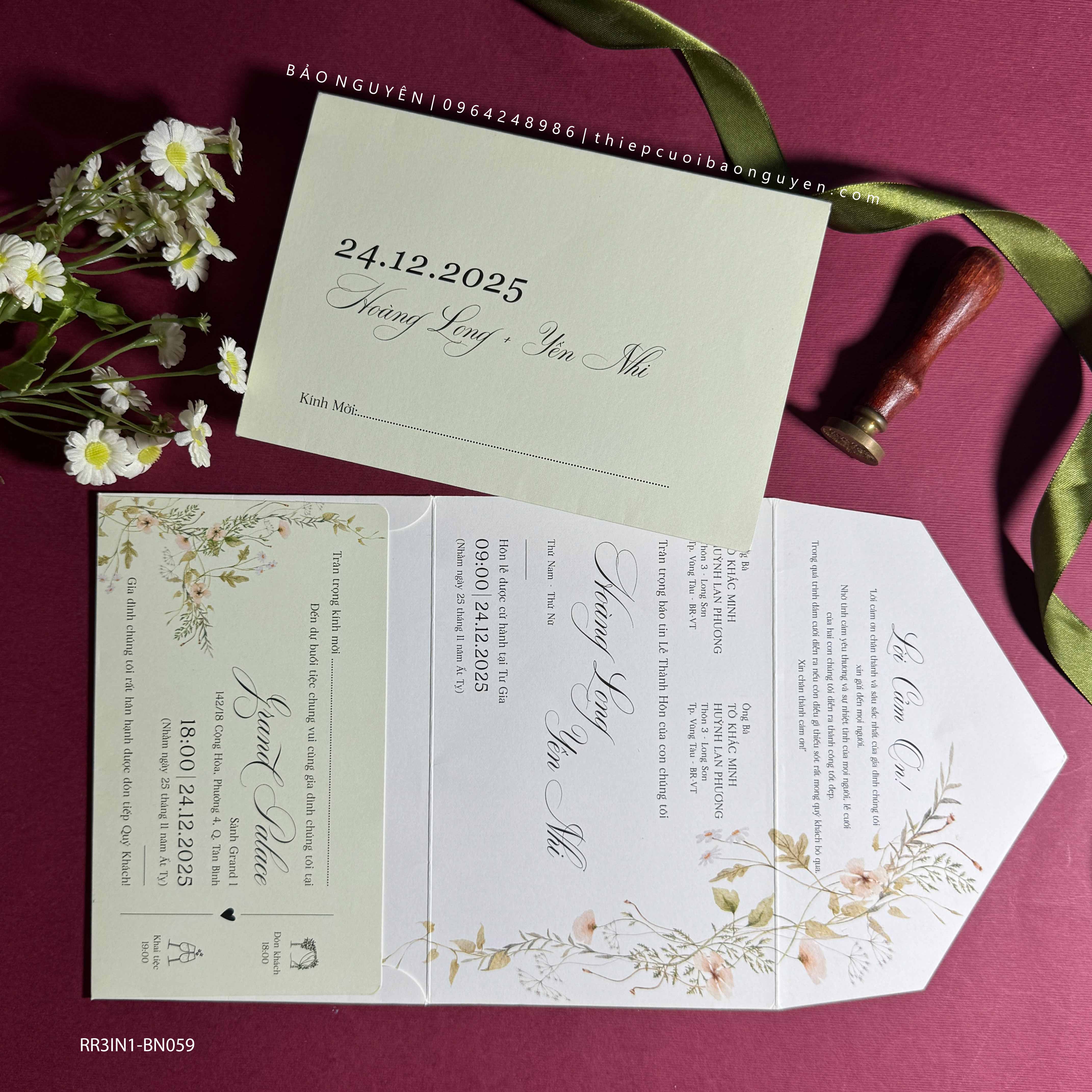 (RR3IN1 - BN059) Thiệp Cưới Gập 3 Có Bao Thư 3IN1