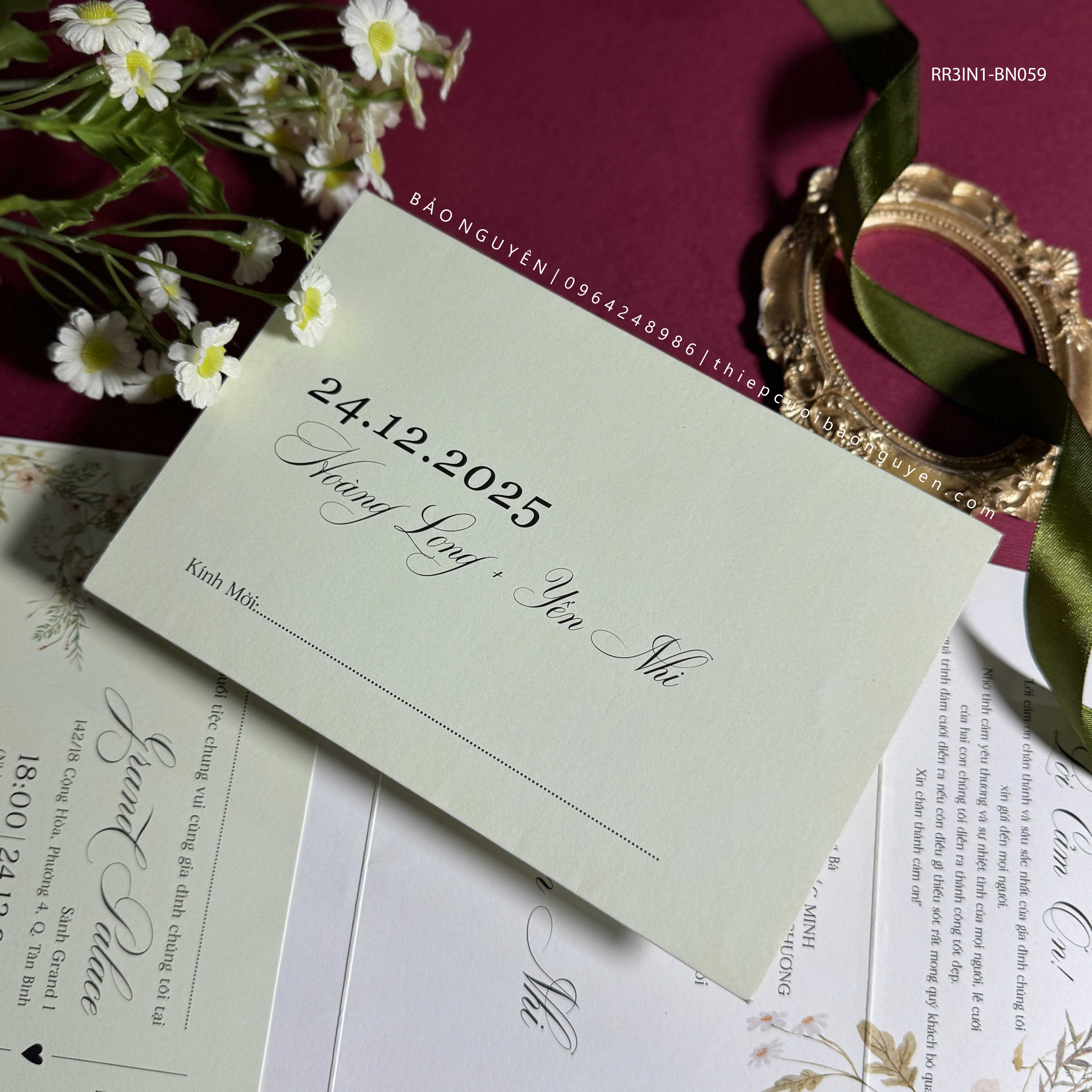 (RR3IN1 - BN059) Thiệp Cưới Gập 3 Có Bao Thư 3IN1