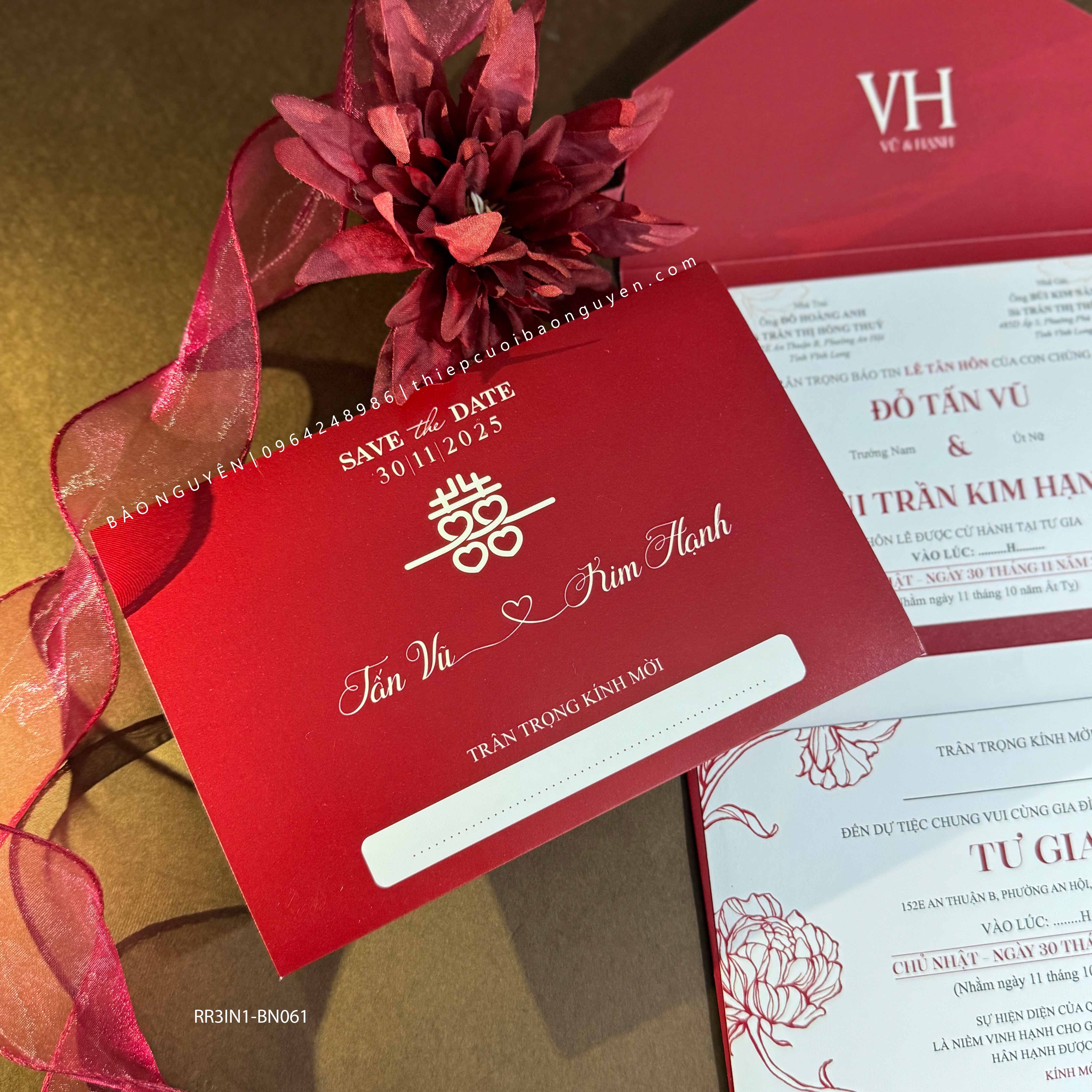 (RR3IN1 - BN060) Thiệp Cưới Gập 3 Có Bao Thư 3IN1