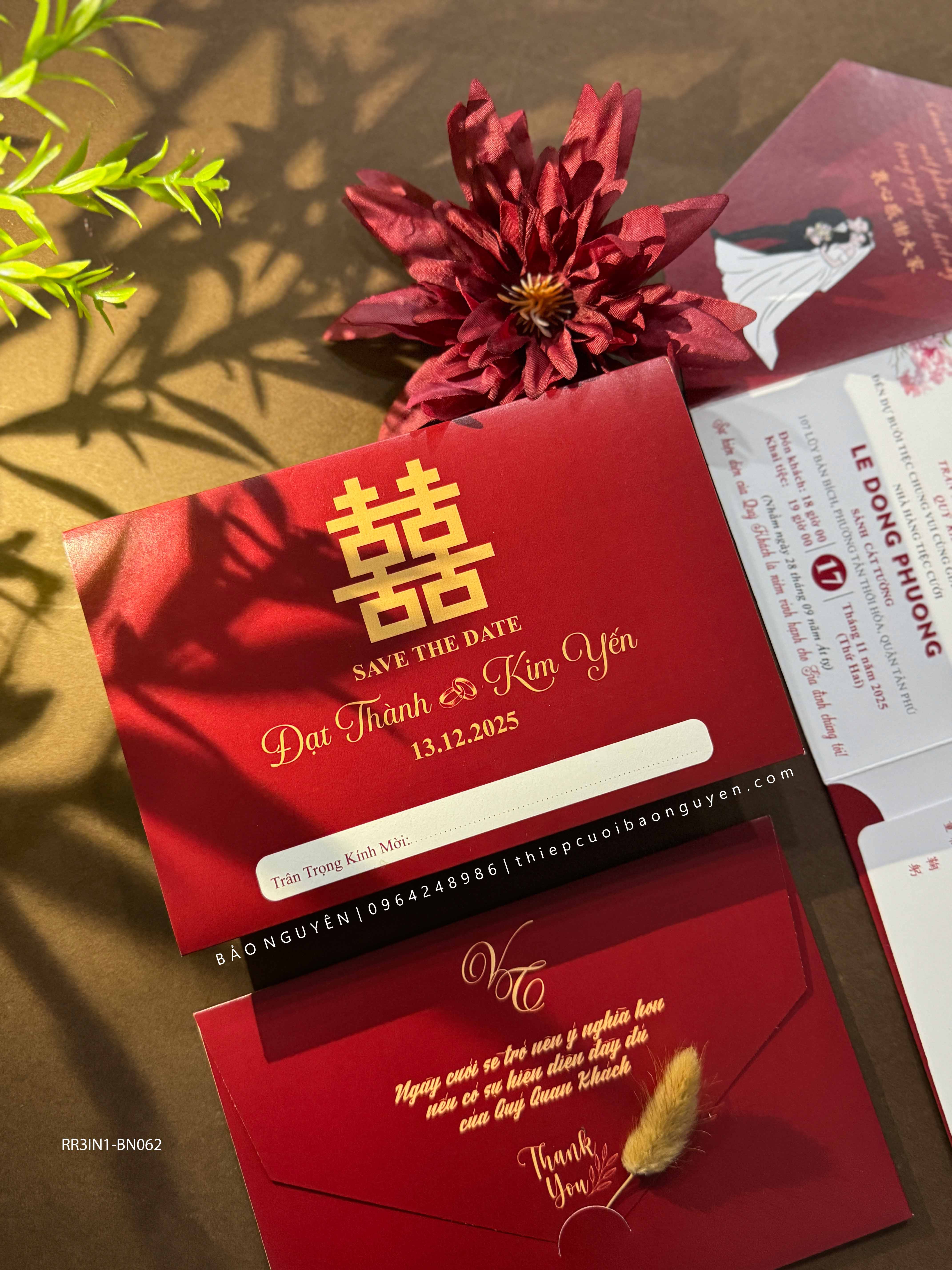 (RR3IN1 - BN061) Thiệp Cưới Gập 3 Có Bao Thư 3IN1