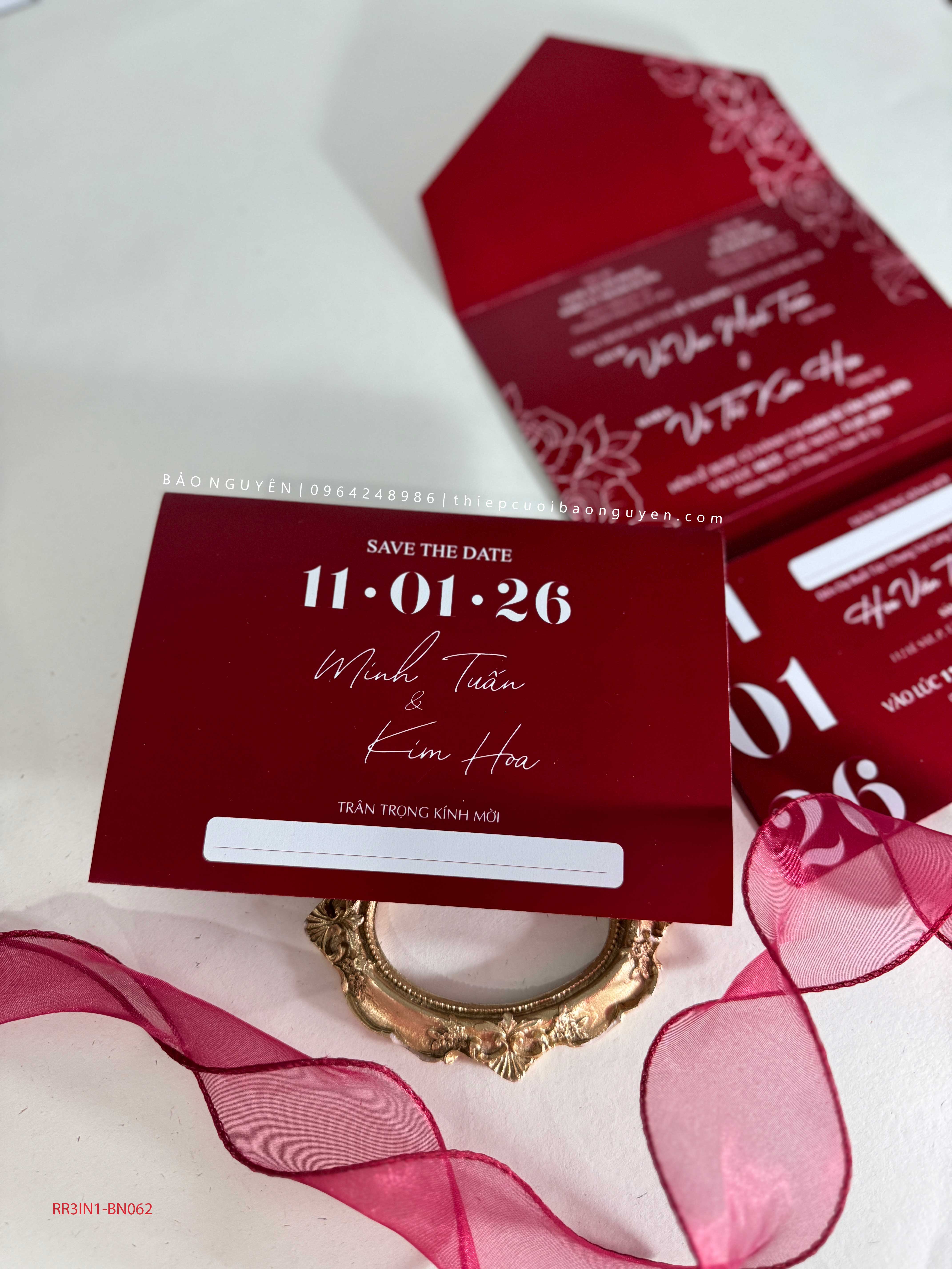(RR3IN1 - BN062) Thiệp Cưới Gập 3 Có Bao Thư 3IN1