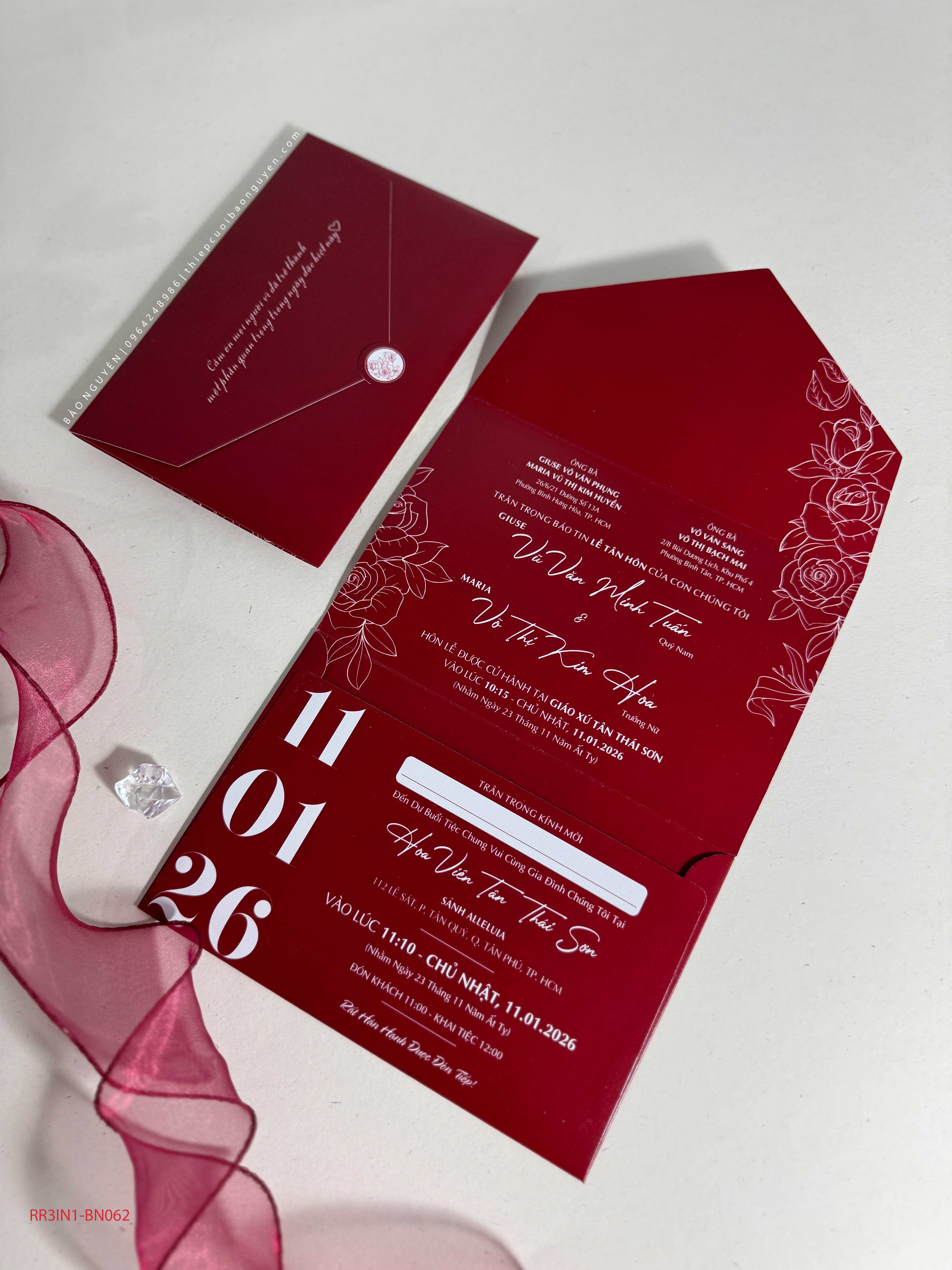 (RR3IN1 - BN062) Thiệp Cưới Gập 3 Có Bao Thư 3IN1