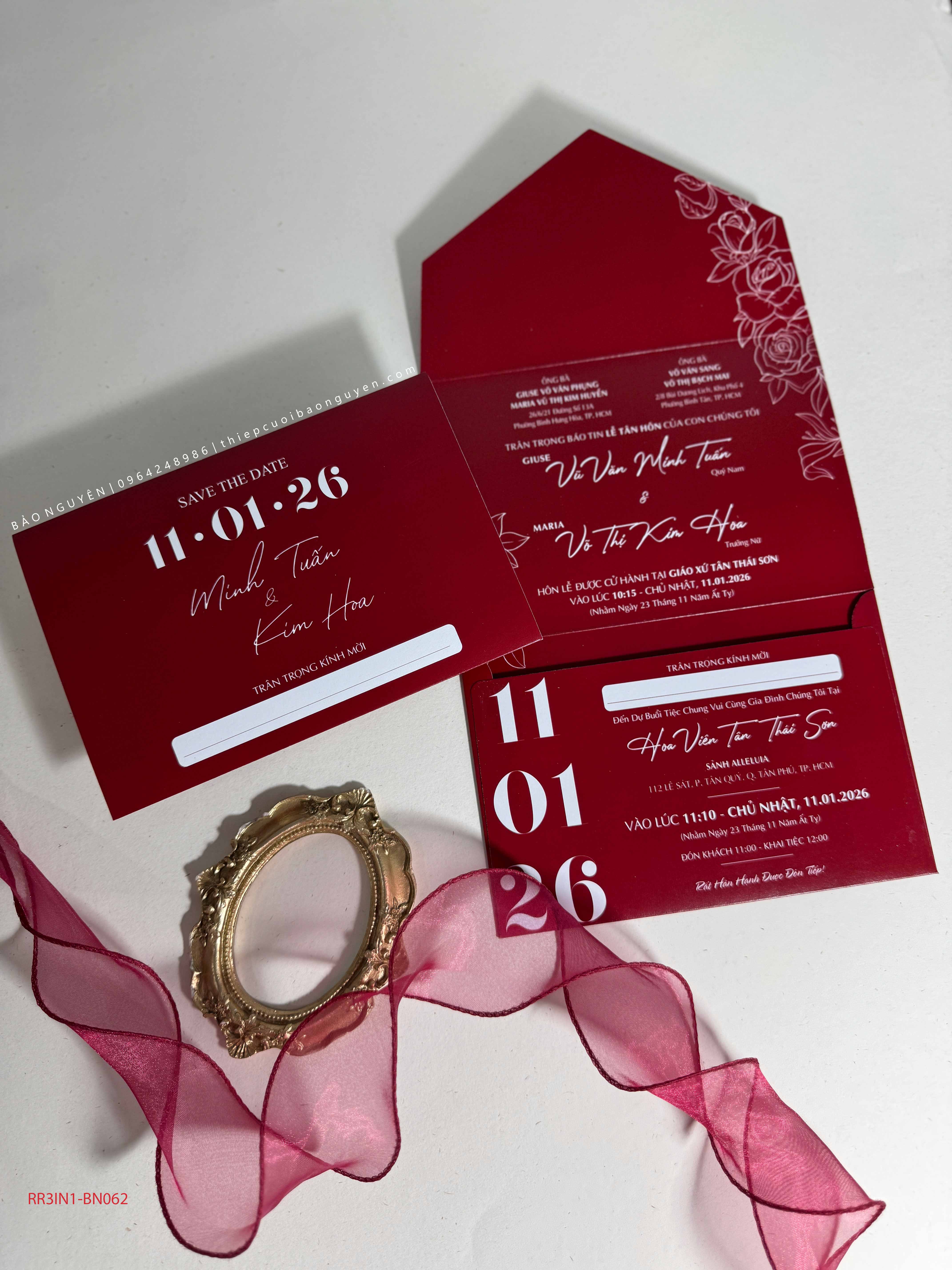 (RR3IN1 - BN062) Thiệp Cưới Gập 3 Có Bao Thư 3IN1