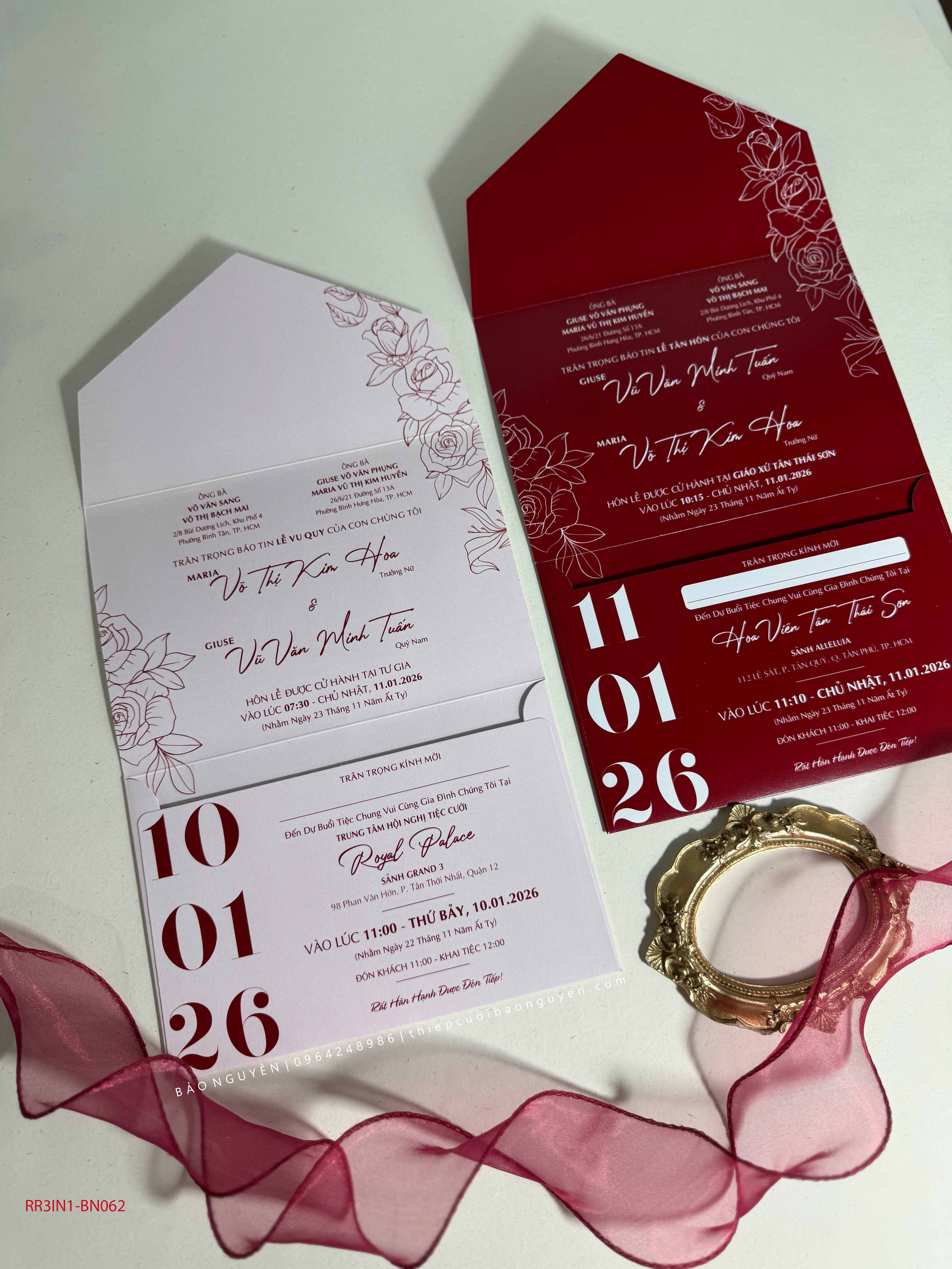 (RR3IN1 - BN062) Thiệp Cưới Gập 3 Có Bao Thư 3IN1