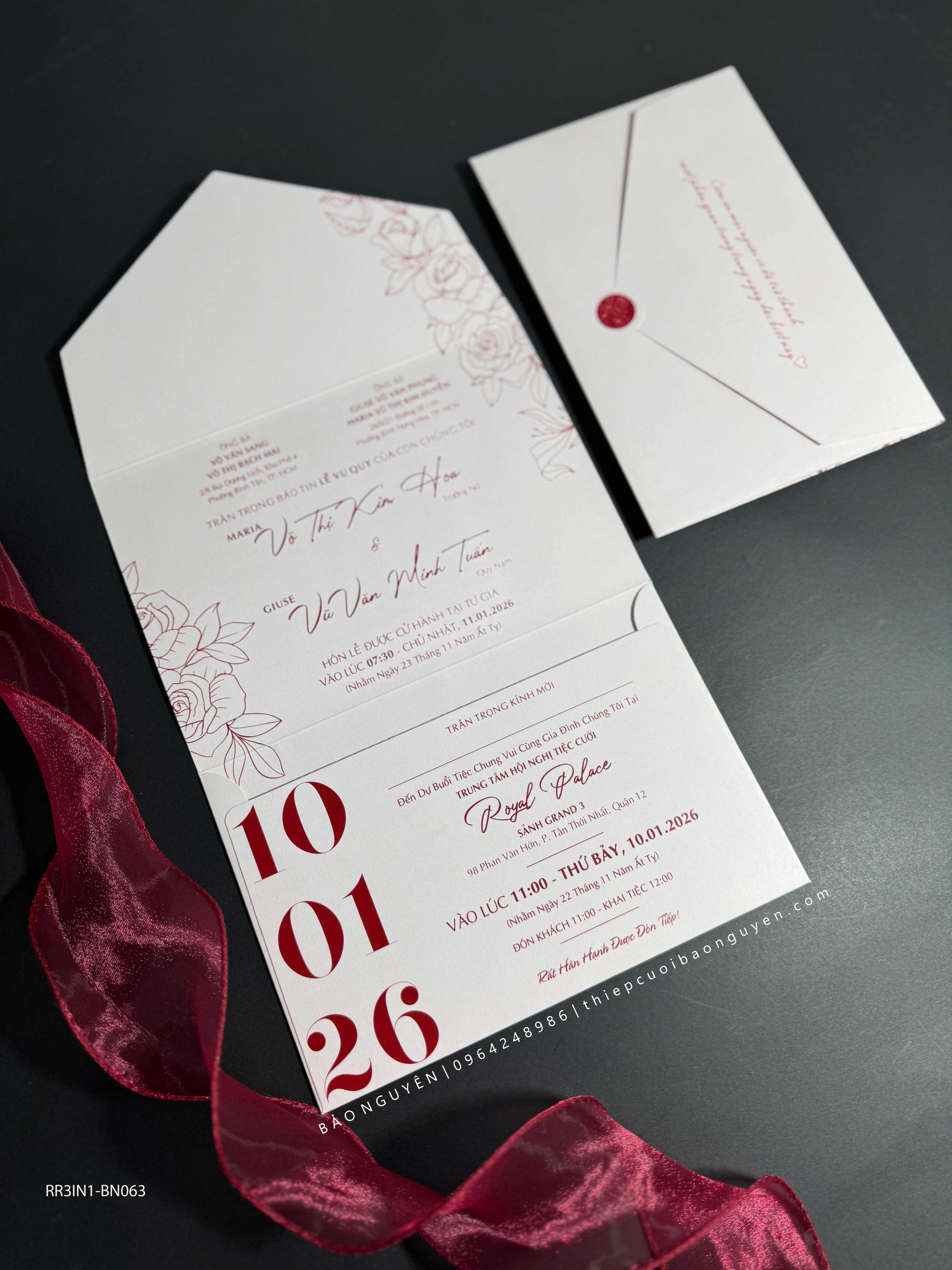 (RR3IN1 - BN063) Thiệp Cưới Gập 3 Có Bao Thư 3IN1