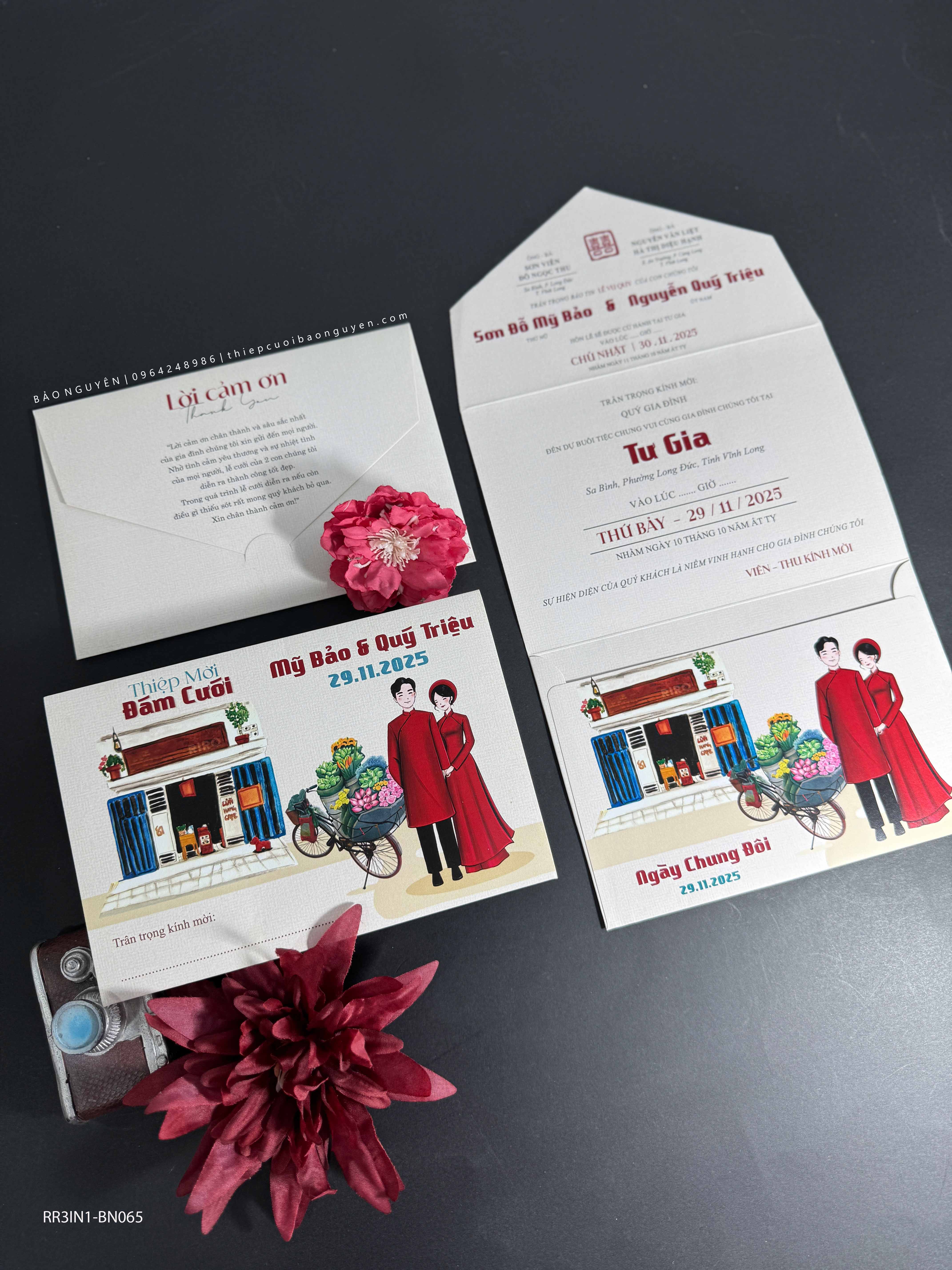 (RR3IN1 - BN065) Thiệp Cưới Gập 3 Có Bao Thư 3IN1
