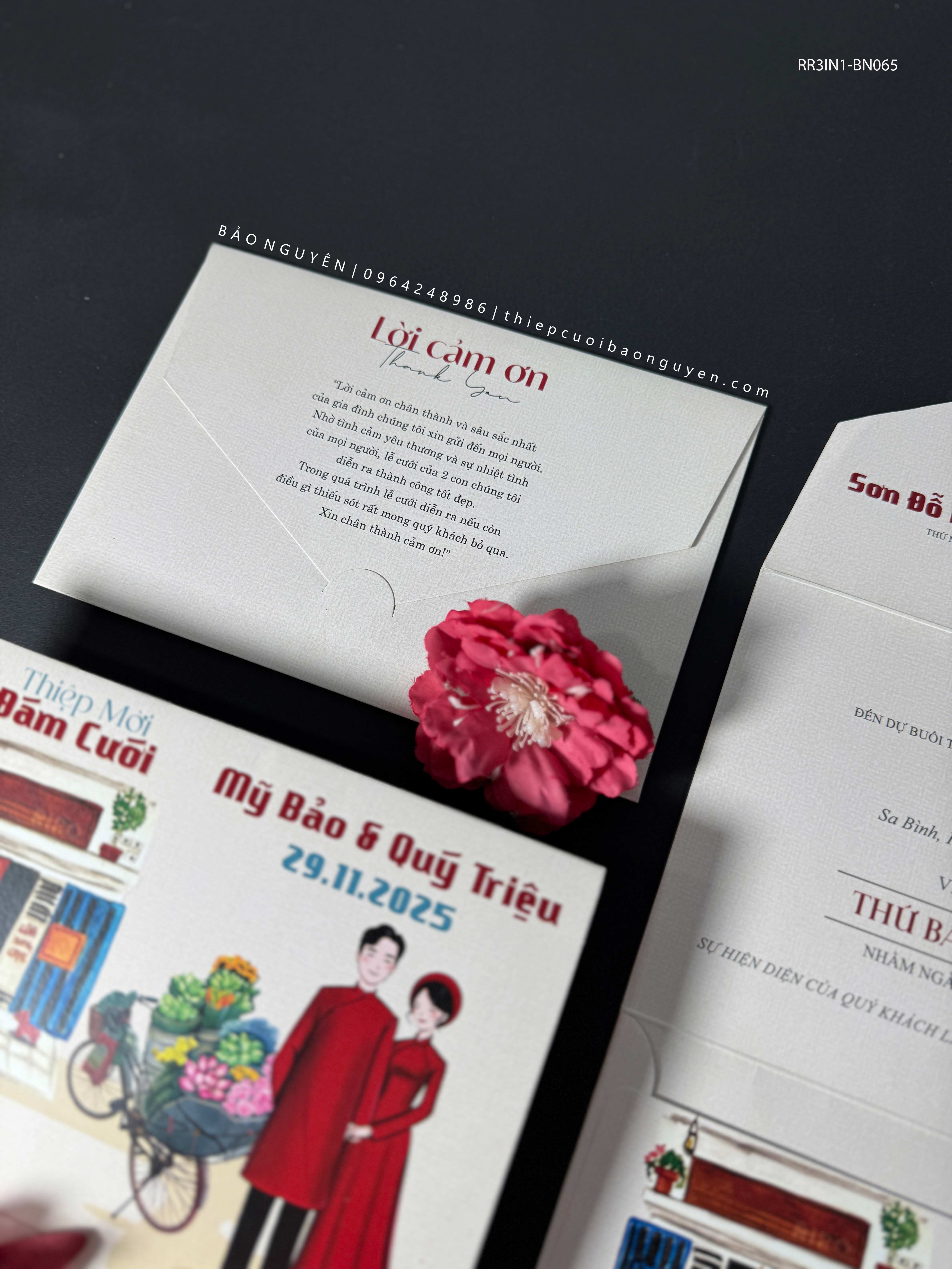 (RR3IN1 - BN065) Thiệp Cưới Gập 3 Có Bao Thư 3IN1