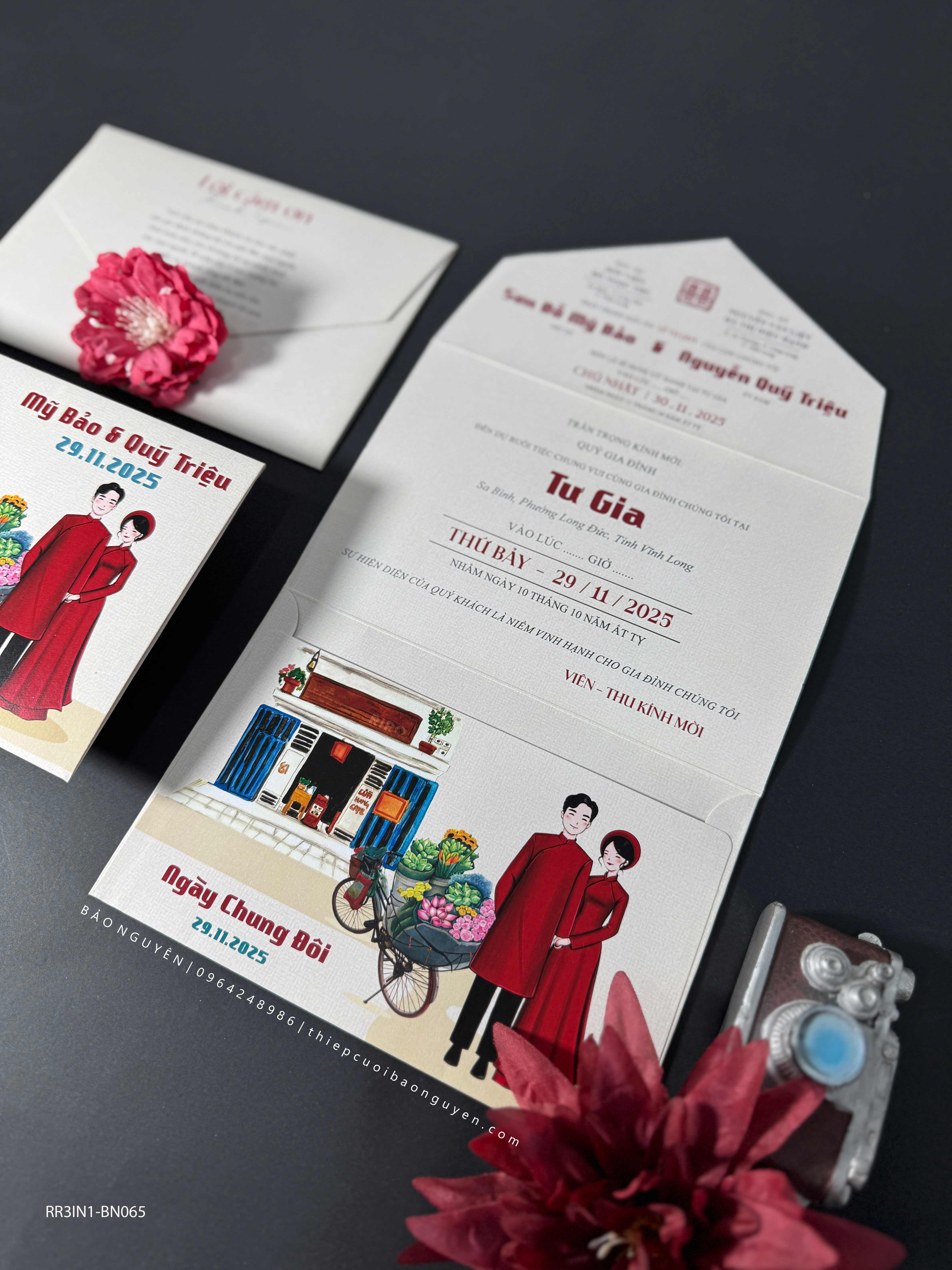 (RR3IN1 - BN065) Thiệp Cưới Gập 3 Có Bao Thư 3IN1