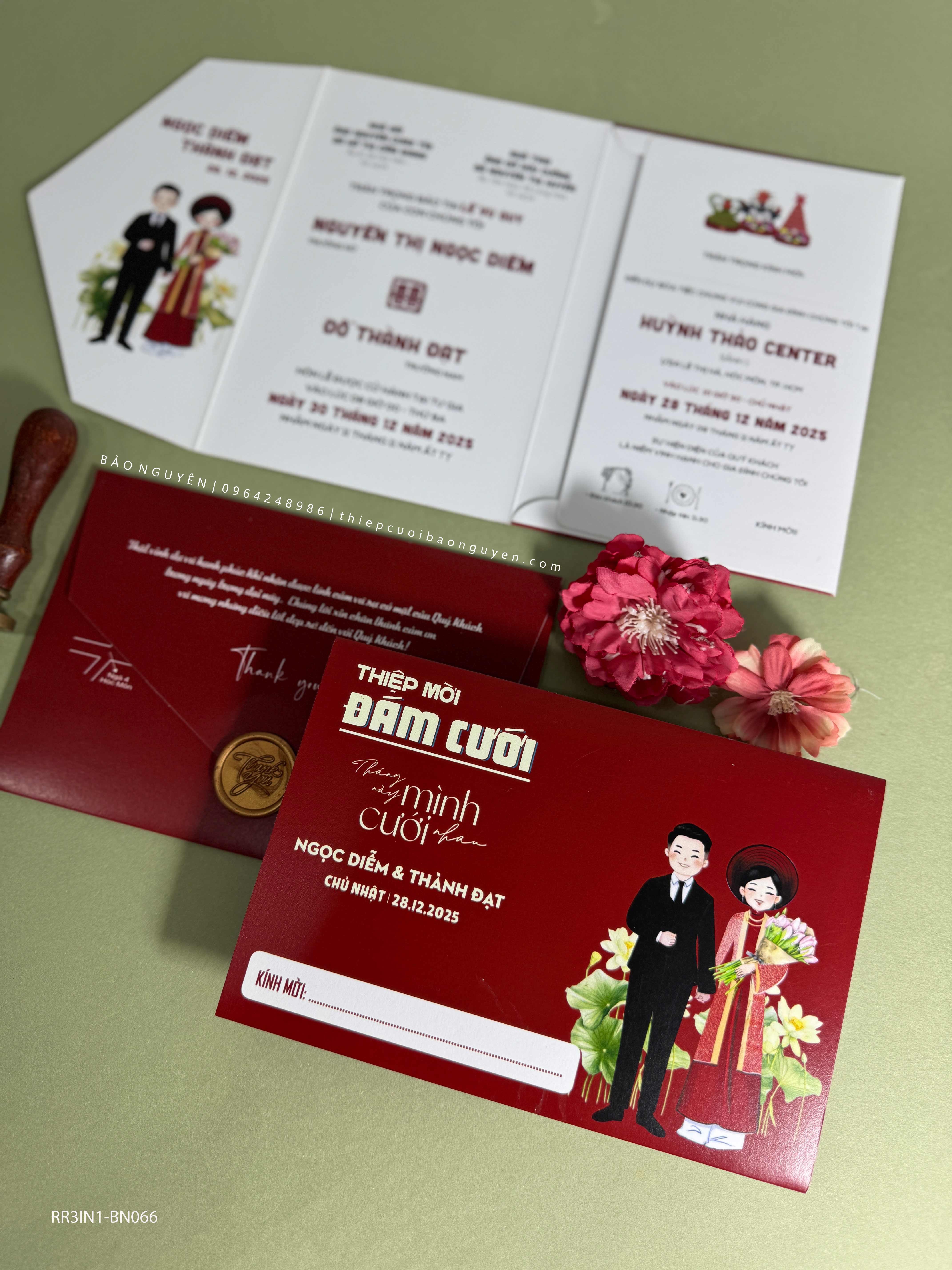 (RR3IN1 - BN066) Thiệp Cưới Gập 3 Có Bao Thư 3IN1