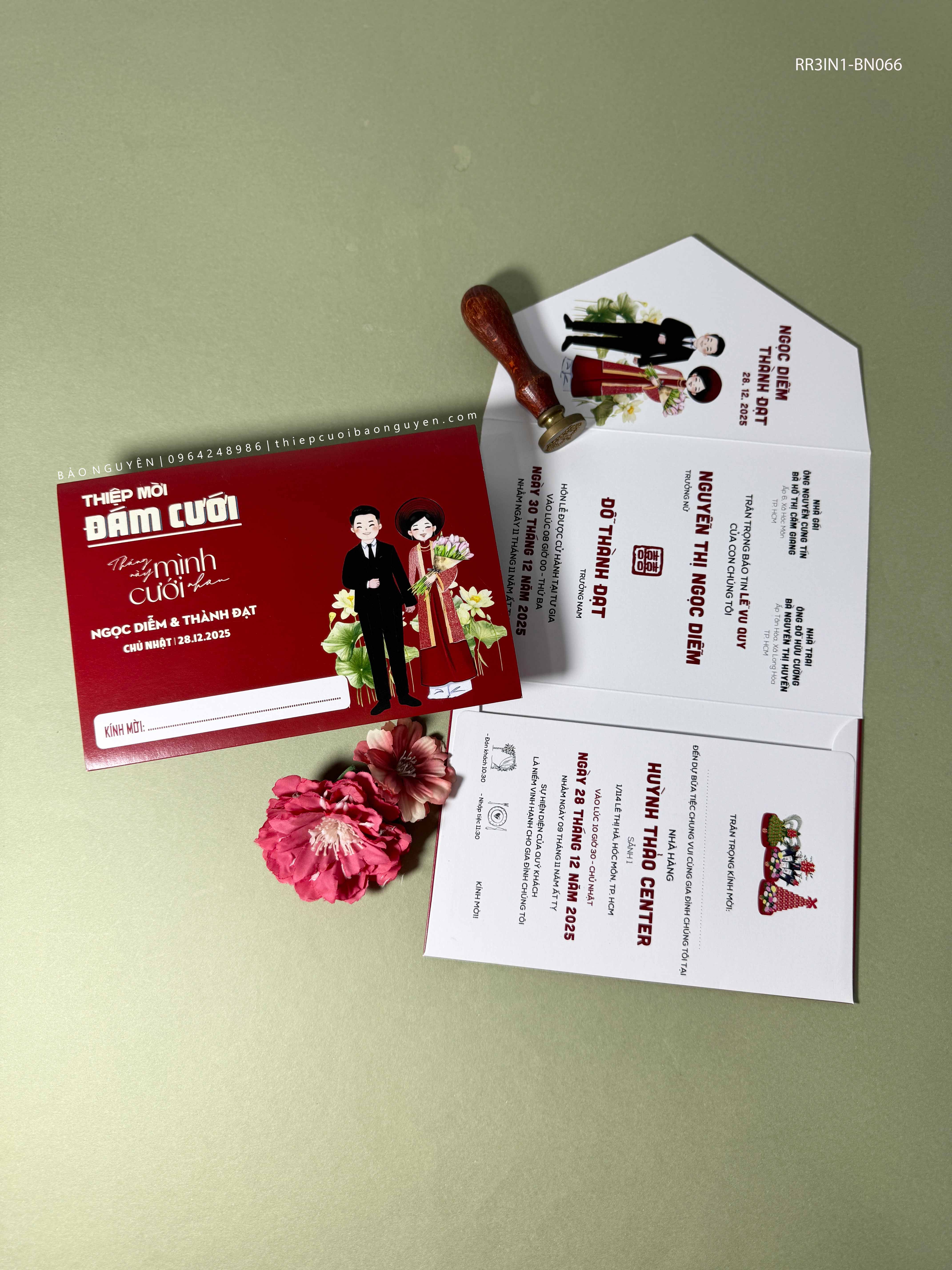 (RR3IN1 - BN066) Thiệp Cưới Gập 3 Có Bao Thư 3IN1