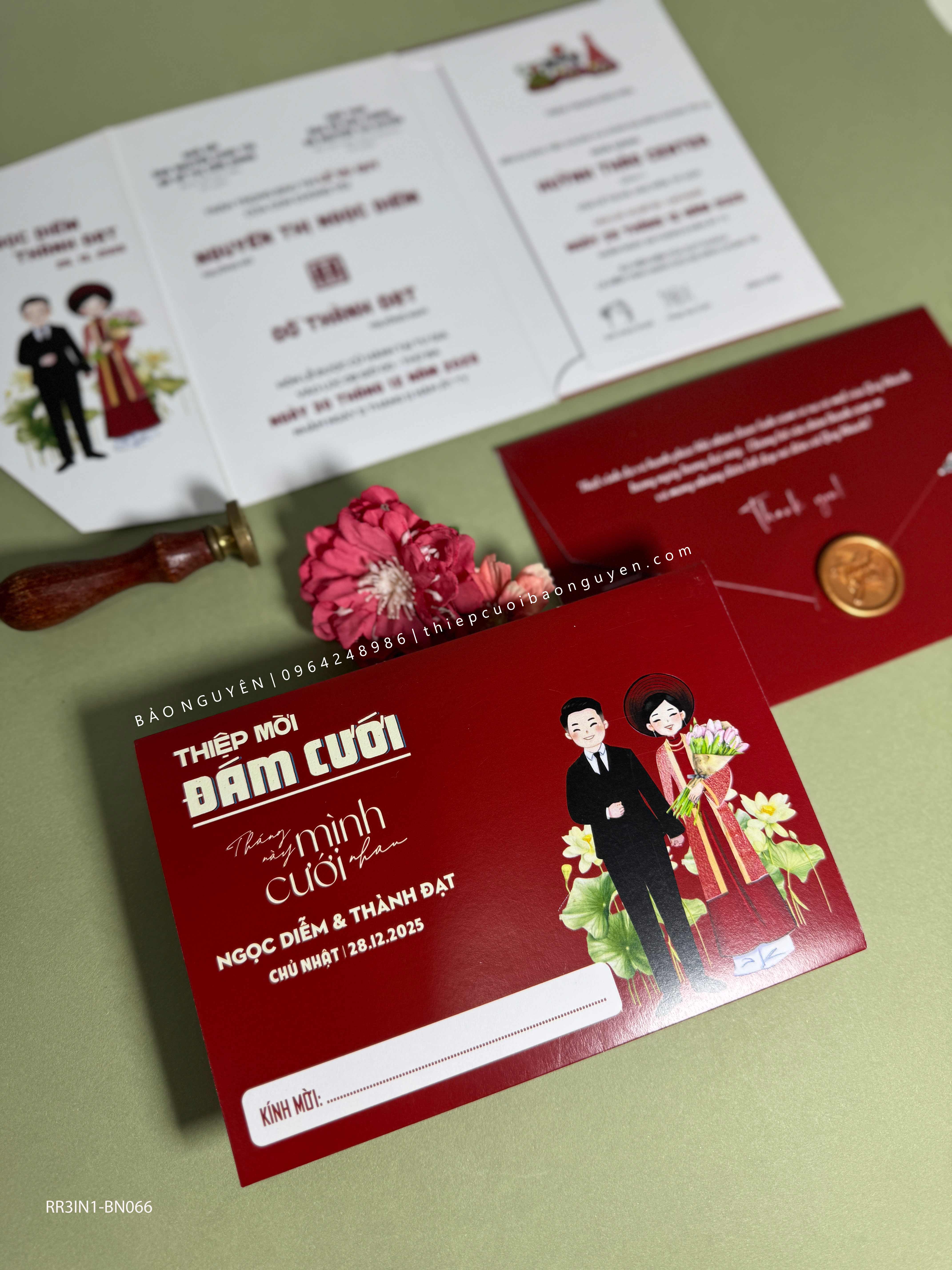 (RR3IN1 - BN066) Thiệp Cưới Gập 3 Có Bao Thư 3IN1