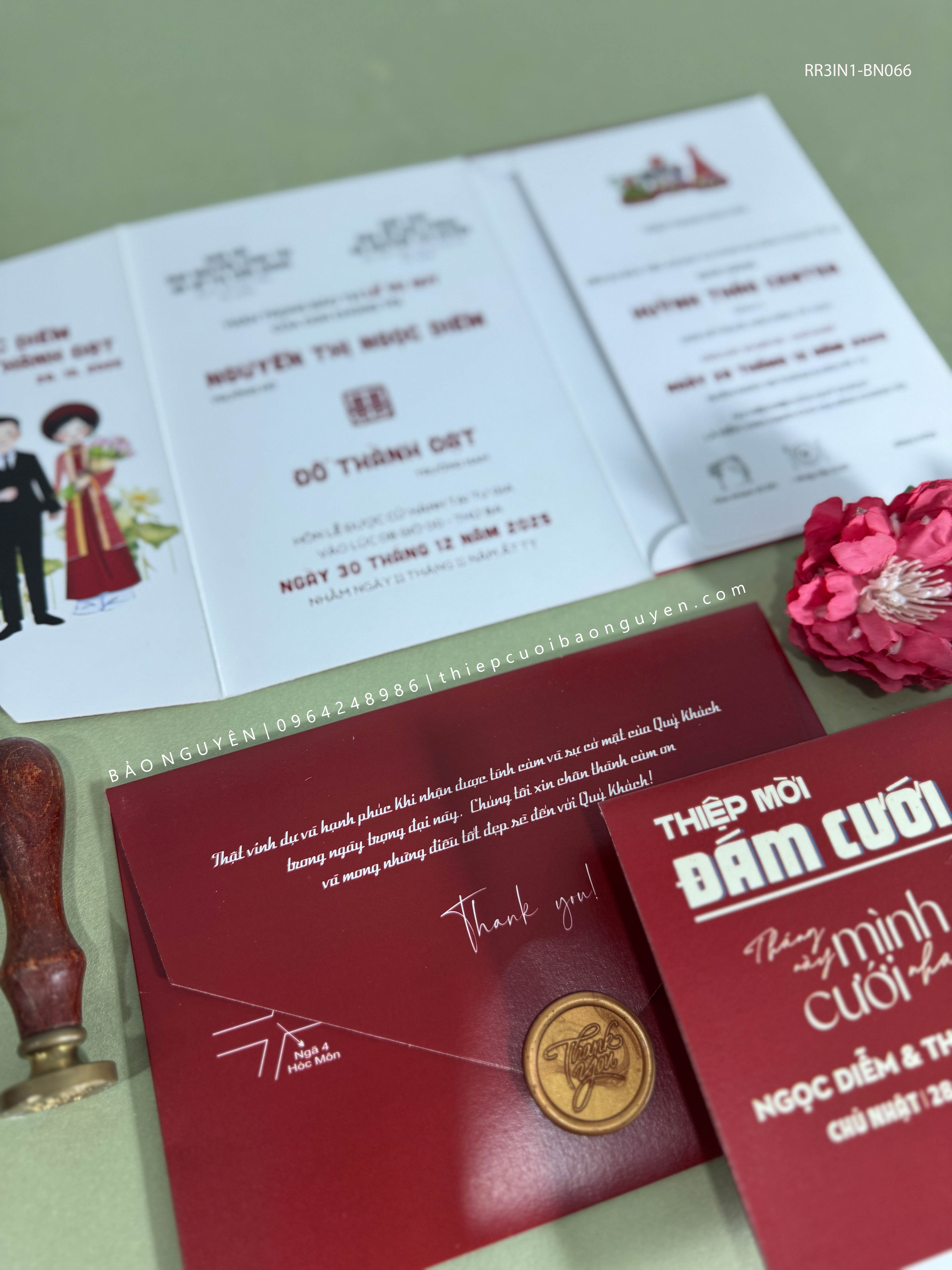 (RR3IN1 - BN066) Thiệp Cưới Gập 3 Có Bao Thư 3IN1
