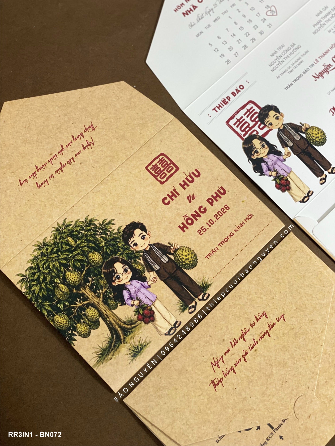 (RR3IN1 - BN072) Thiệp Cưới Gập 3 Có Bao Thư 3IN1