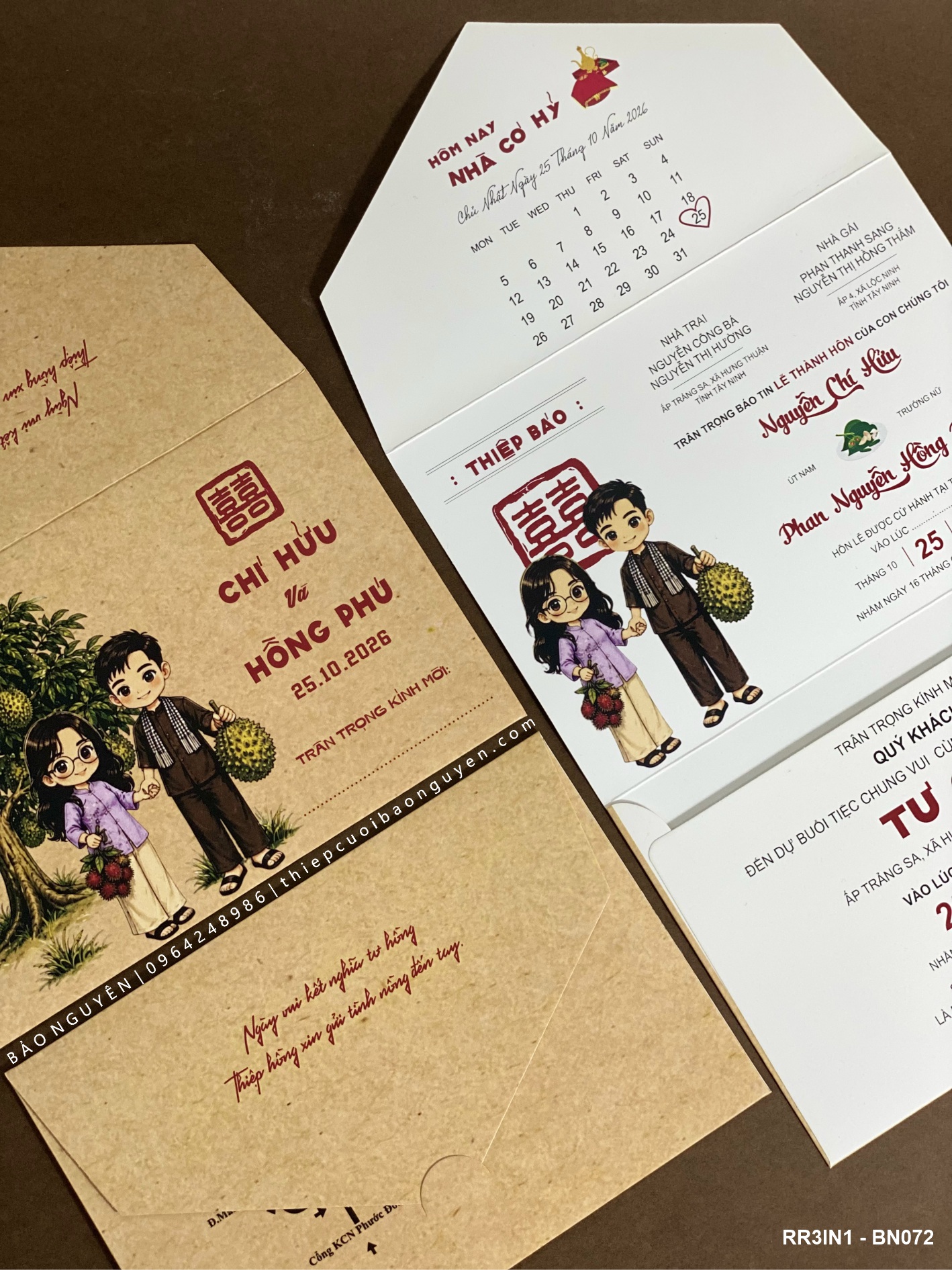 (RR3IN1 - BN072) Thiệp Cưới Gập 3 Có Bao Thư 3IN1
