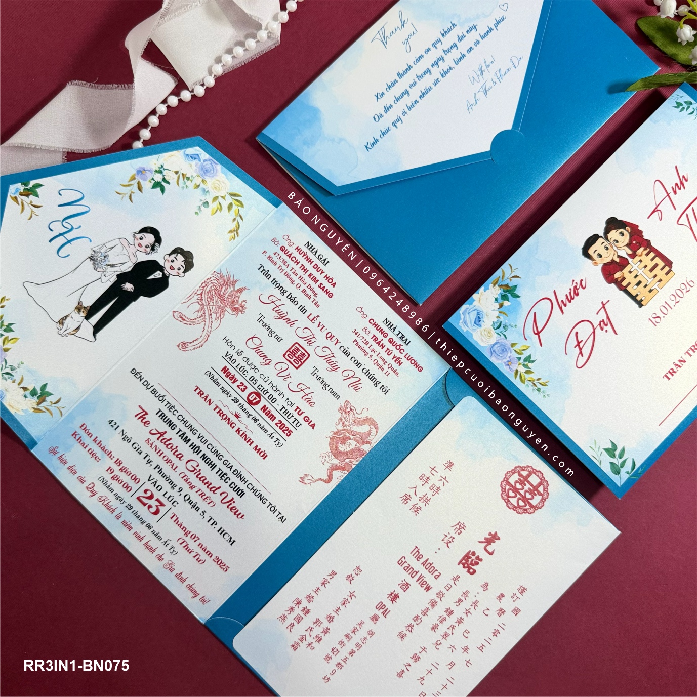 (RR3IN1 - BN075) Thiệp Cưới Gập 3 Có Bao Thư 3IN1 ánh kim thơm