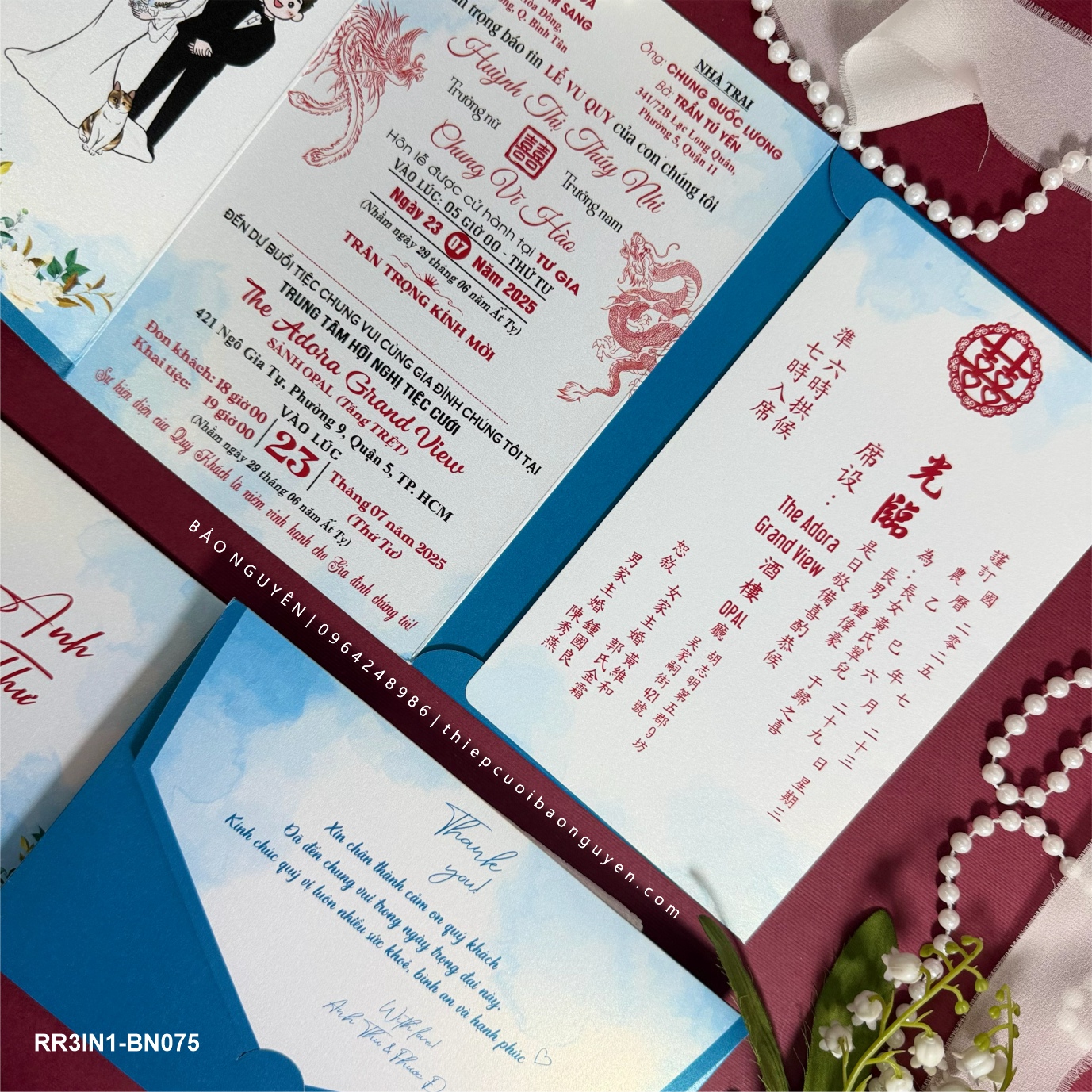 (RR3IN1 - BN075) Thiệp Cưới Gập 3 Có Bao Thư 3IN1 ánh kim thơm