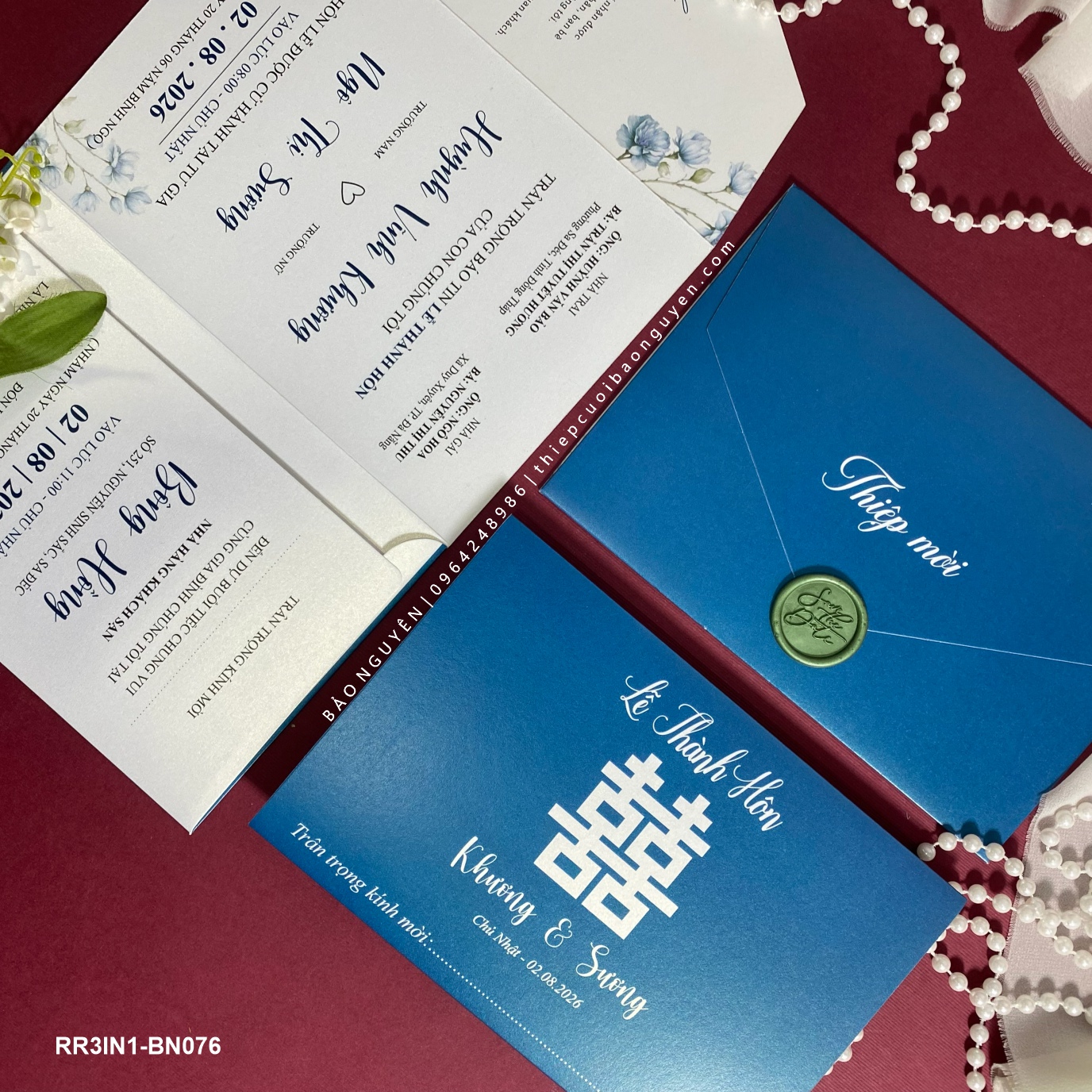 (RR3IN1 - BN076) Thiệp Cưới Gập 3 Có Bao Thư 3IN1 ánh kim thơm