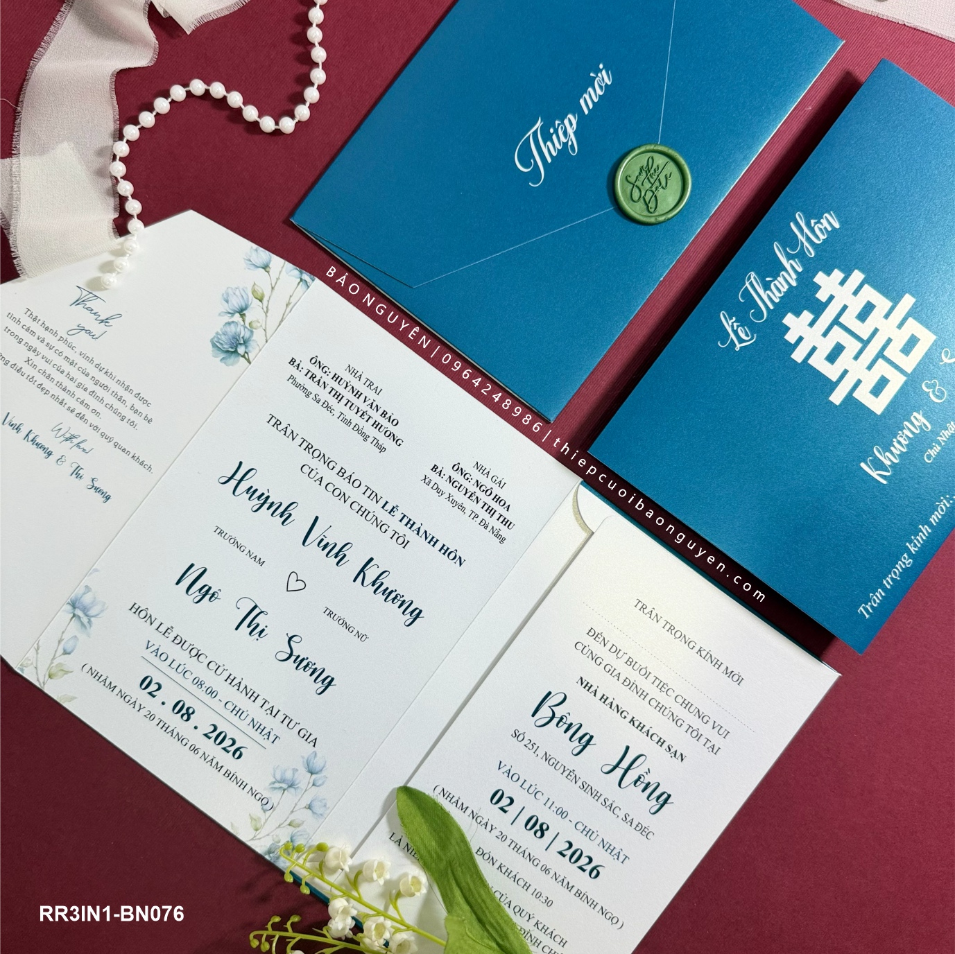 (RR3IN1 - BN076) Thiệp Cưới Gập 3 Có Bao Thư 3IN1 ánh kim thơm
