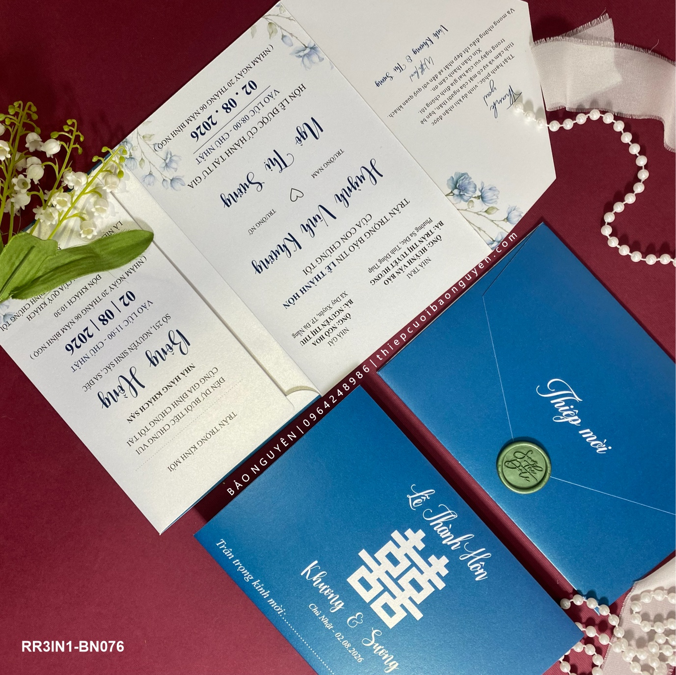 (RR3IN1 - BN076) Thiệp Cưới Gập 3 Có Bao Thư 3IN1 ánh kim thơm