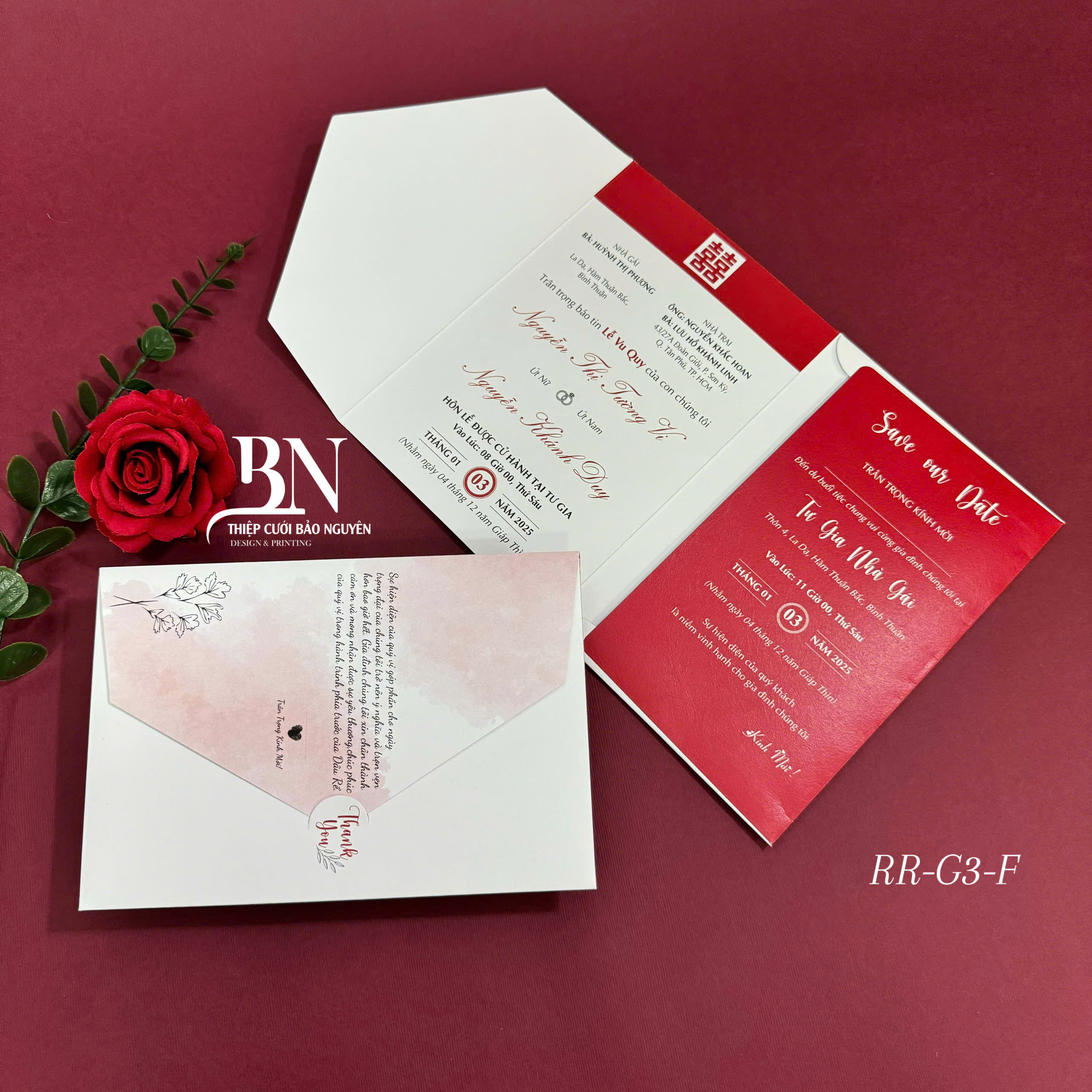 (RR3IN1 - BN003) Thiệp Cưới Gập 3 Có Bao Thư 3IN1