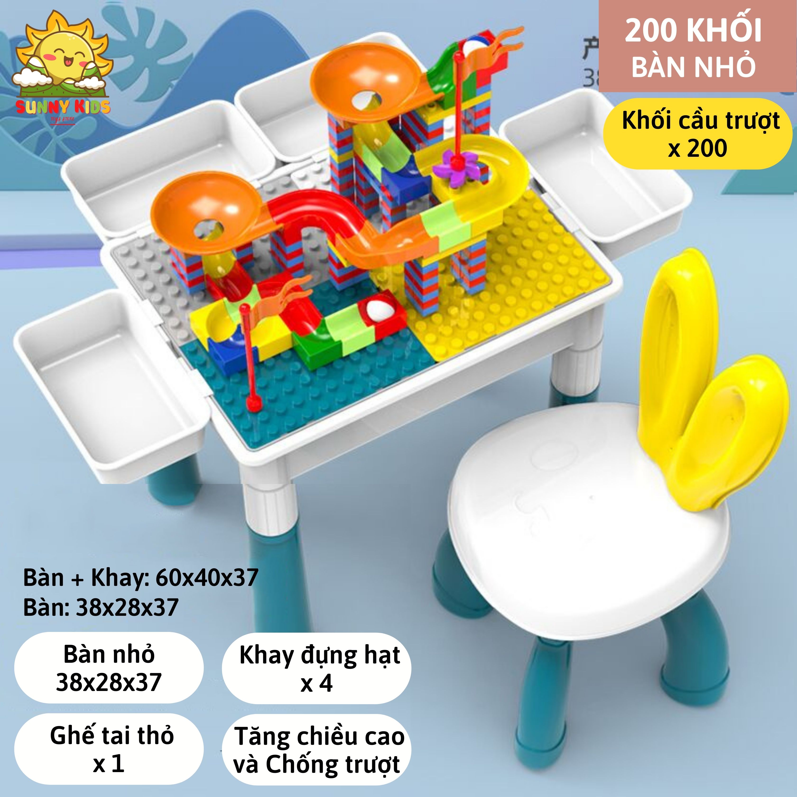 Bộ Bàn Lắp Ráp Đa Năng Menggao - Kèm 1 Ghế Tai Thỏ, Bàn nhỏ cho Bé từ 1 đến 3 Tuổi, Kích thước 38x37x29cm - Sunny Kids