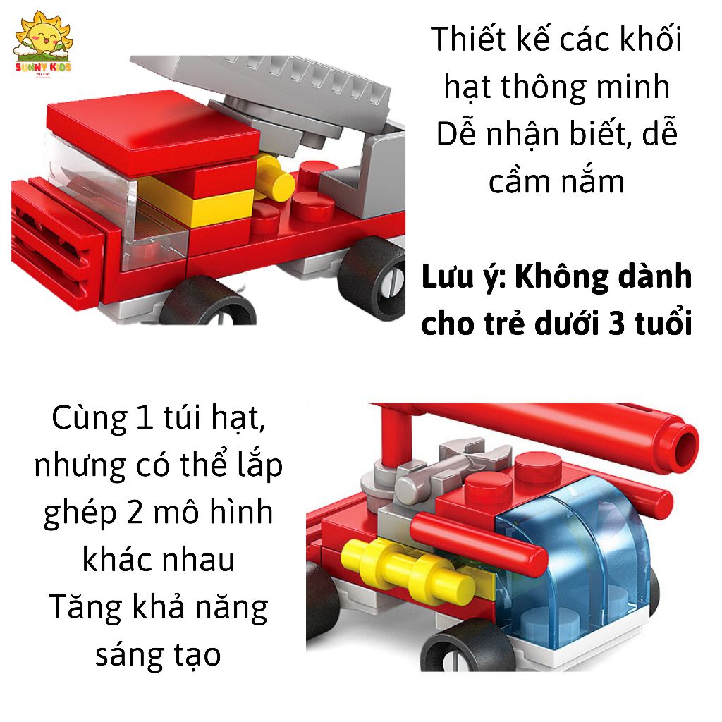 Đồ chơi lắp ráp mô hình xe Cứu Hỏa, 2 IN 1, nhựa ABS cao cấp, khối lắp ghép chắc chắn, bo tròn góc cạnh - Sunny Kids