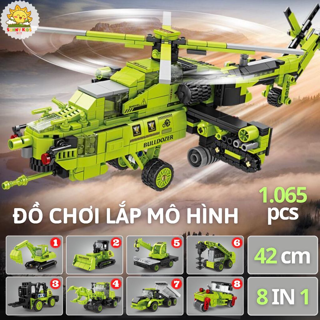 Bộ Đồ chơi lắp ráp Mô hình, 8 IN 1, kích thước lớn 42cm, 1065 hạt, nhựa ABS rất chắc chắn, đồ chơi sáng tạo - Sunny Kids