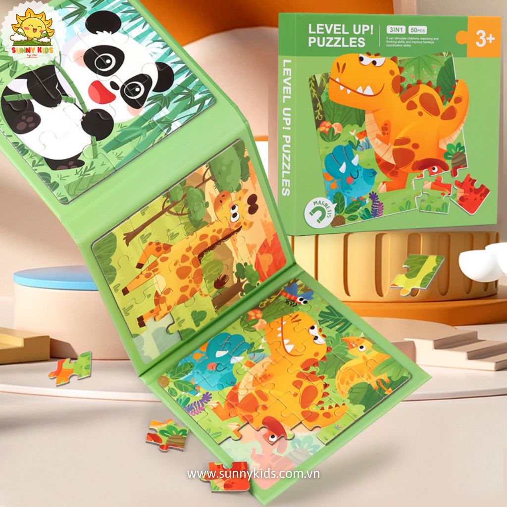 Tranh Lắp Ghép cho Bé 3 in 1, Đồ chơi gỗ Thông minh, An toàn cho Bé từ 1-3 tuổi, Sách Ghép Tranh 3 cấp độ - Sunny Kids