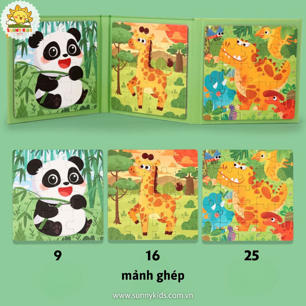 Tranh Lắp Ghép cho Bé 3 in 1, Đồ chơi gỗ Thông minh, An toàn cho Bé từ 1-3 tuổi, Sách Ghép Tranh 3 cấp độ - Sunny Kids