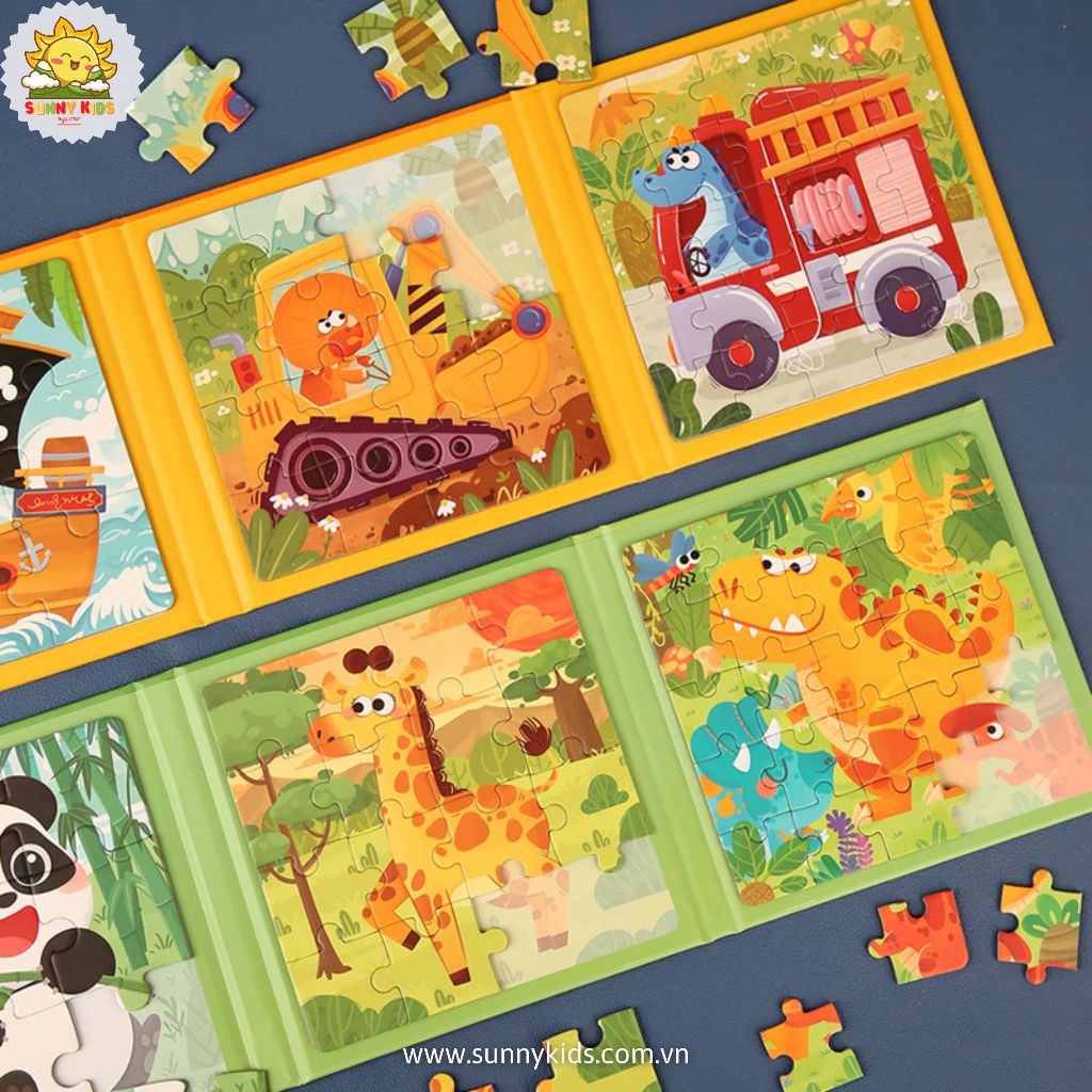 Tranh Lắp Ghép cho Bé 3 in 1, Đồ chơi gỗ Thông minh, An toàn cho Bé từ 1-3 tuổi, Sách Ghép Tranh 3 cấp độ - Sunny Kids