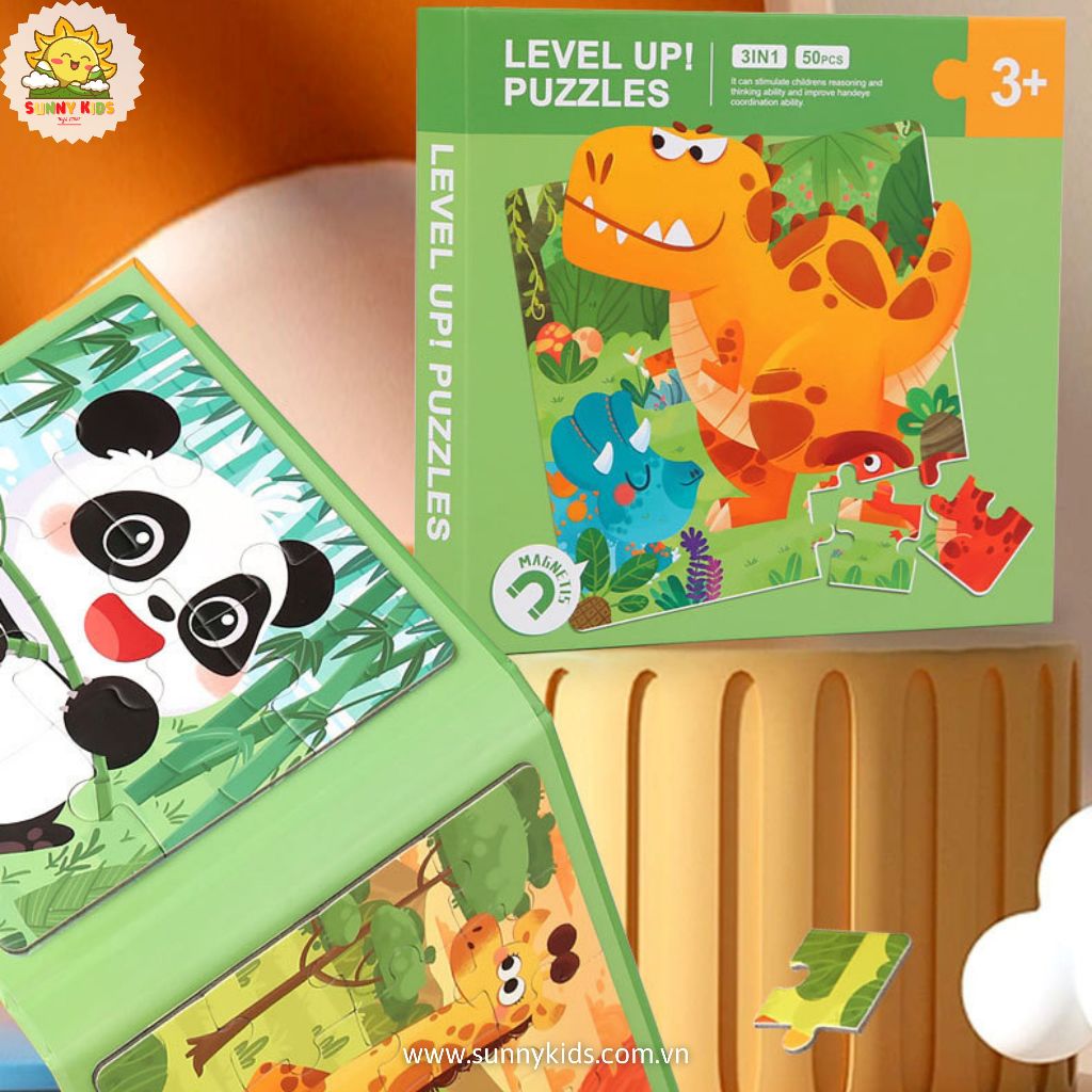 Tranh Lắp Ghép cho Bé 3 in 1, Đồ chơi gỗ Thông minh, An toàn cho Bé từ 1-3 tuổi, Sách Ghép Tranh 3 cấp độ - Sunny Kids