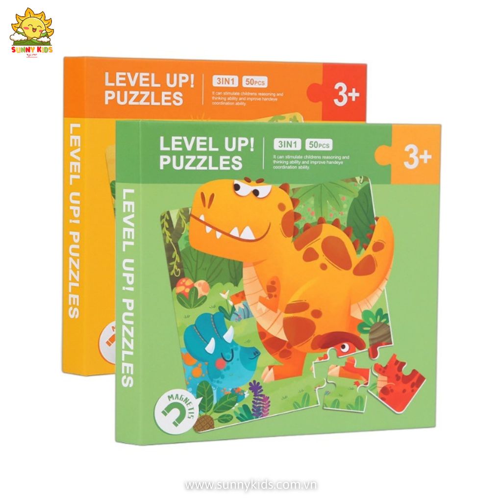 Tranh Lắp Ghép cho Bé 3 in 1, Đồ chơi gỗ Thông minh, An toàn cho Bé từ 1-3 tuổi, Sách Ghép Tranh 3 cấp độ - Sunny Kids