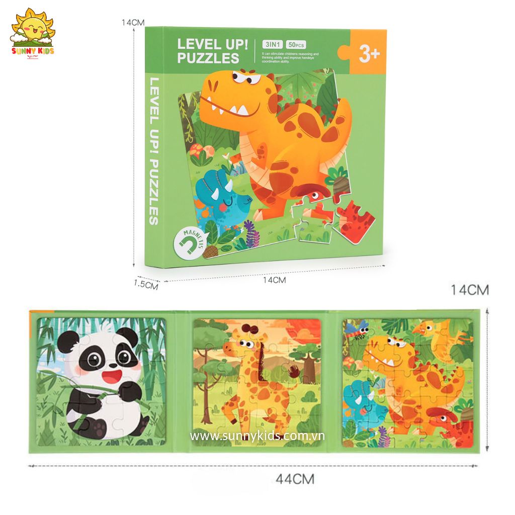 Tranh Lắp Ghép cho Bé 3 in 1, Đồ chơi gỗ Thông minh, An toàn cho Bé từ 1-3 tuổi, Sách Ghép Tranh 3 cấp độ - Sunny Kids