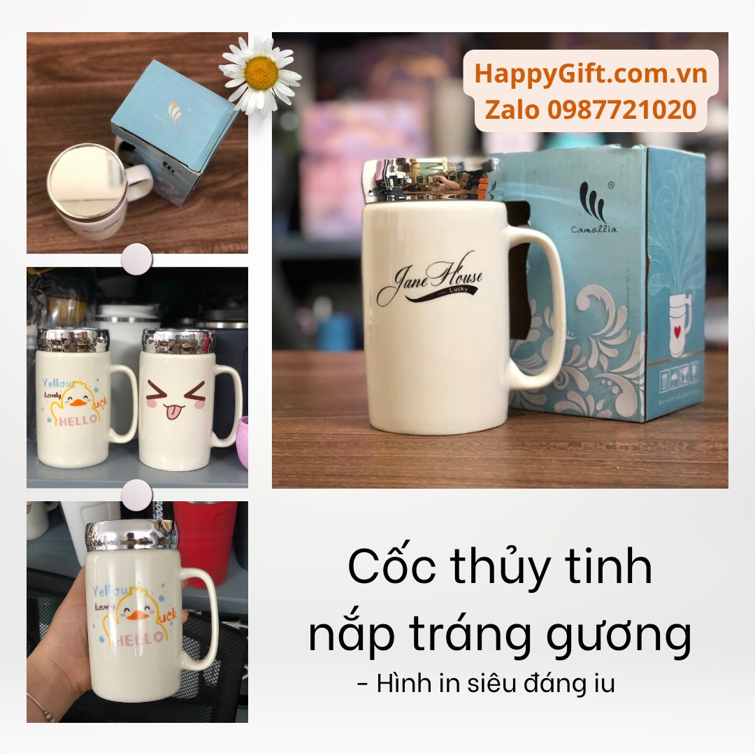 LY SỨ GIỮ NHIỆT 400ML NẮP TRÁNG GƯƠNG có tay cầm,in họa tiết ngẫu nhiên