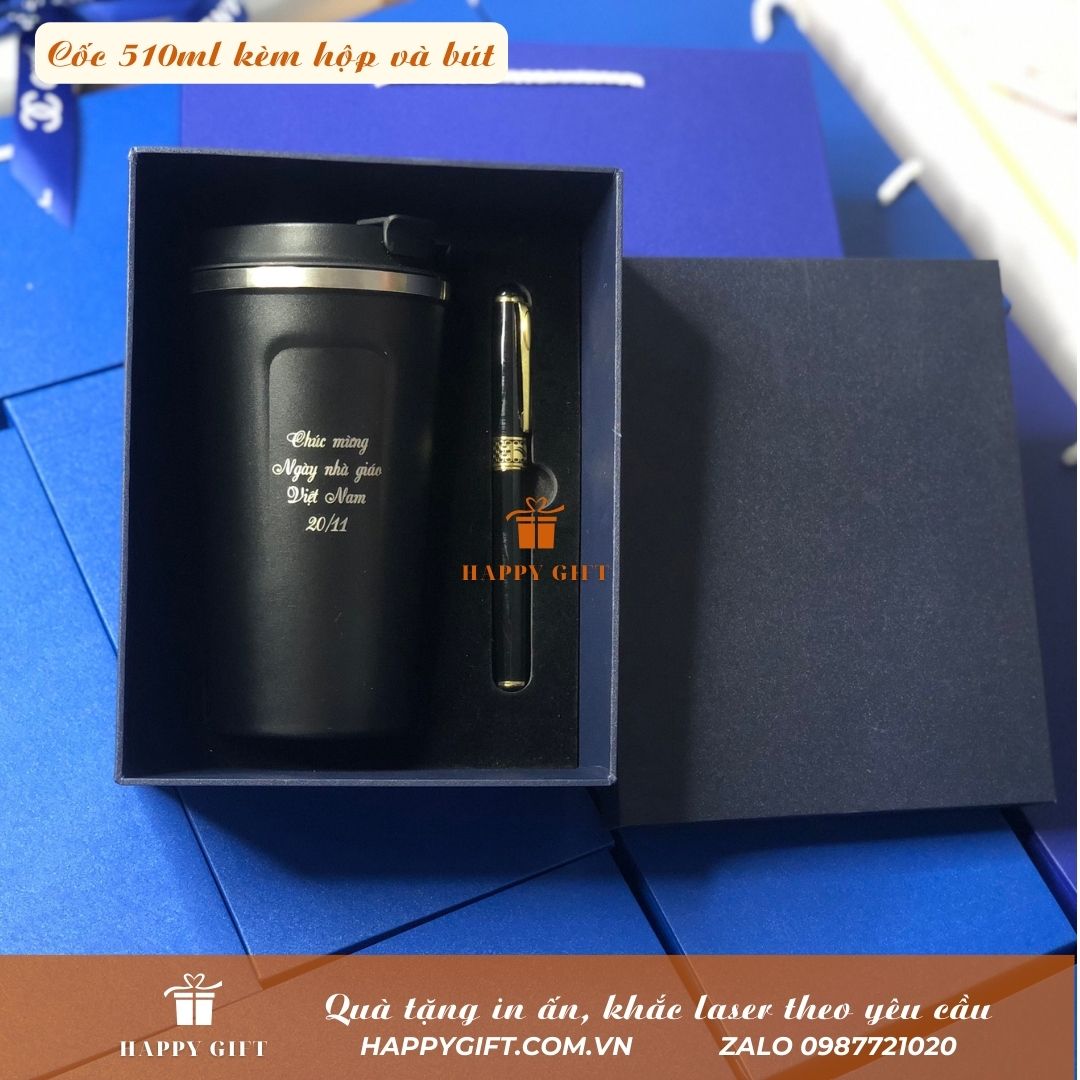 Sét quà tặng 20/11-Bình giữ nhiệt 510ml khắc tên theo yêu cầu, cốc giữ nhiệt 8-12h