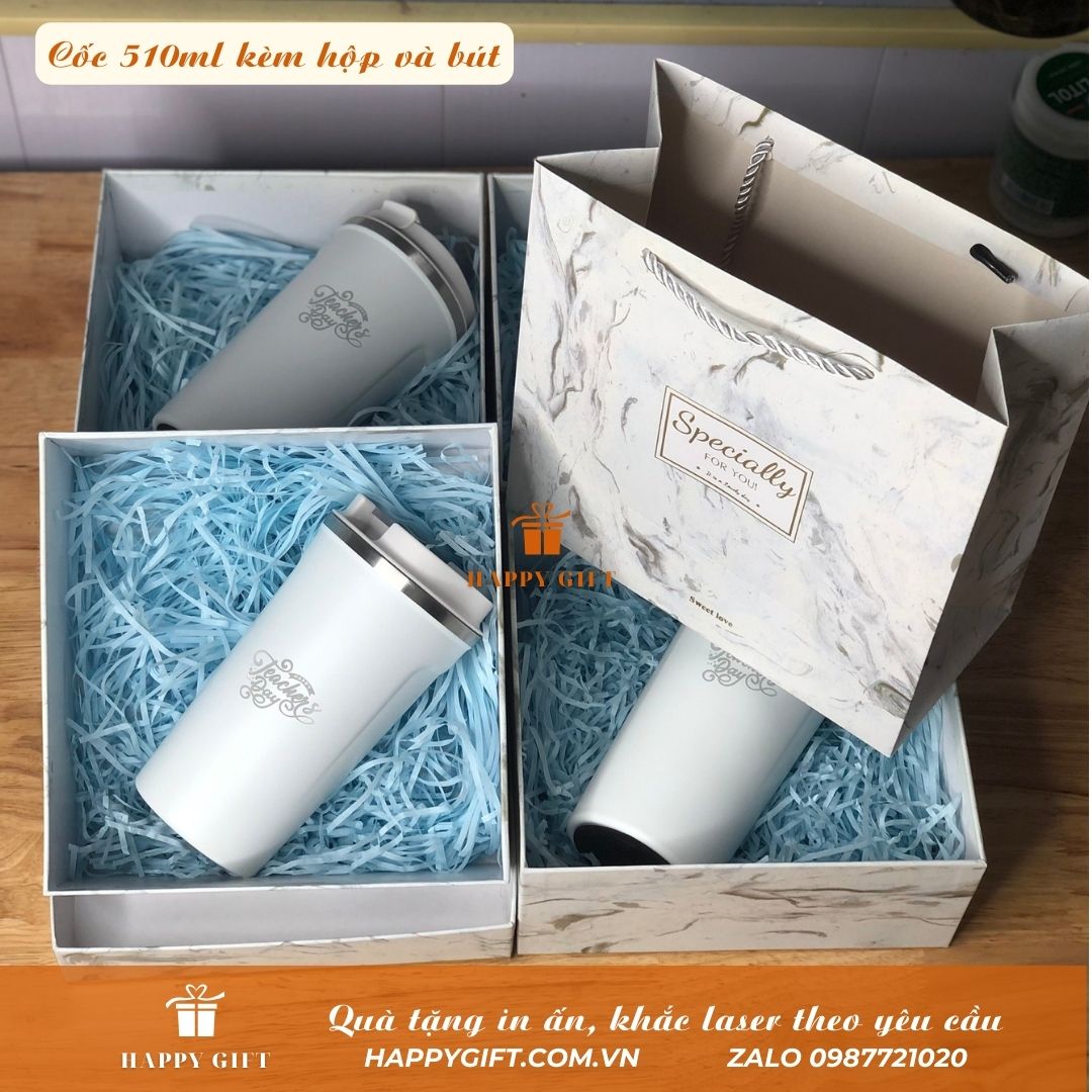 Sét quà tặng 20/11-Bình giữ nhiệt 510ml khắc tên theo yêu cầu, cốc giữ nhiệt 8-12h