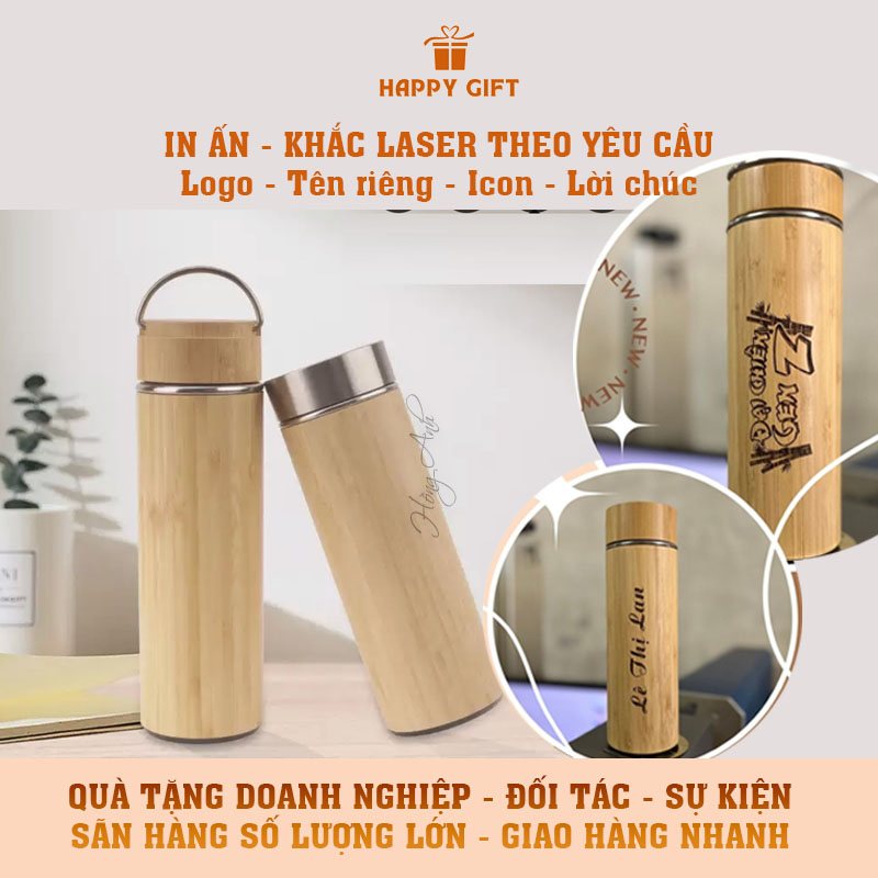 Bình Giữ Nhiệt Bằng Tre  Có Quai Xách, Lõi inox 304, KHẮC TÊN CÂU CHÚC THEO YÊU CẦU