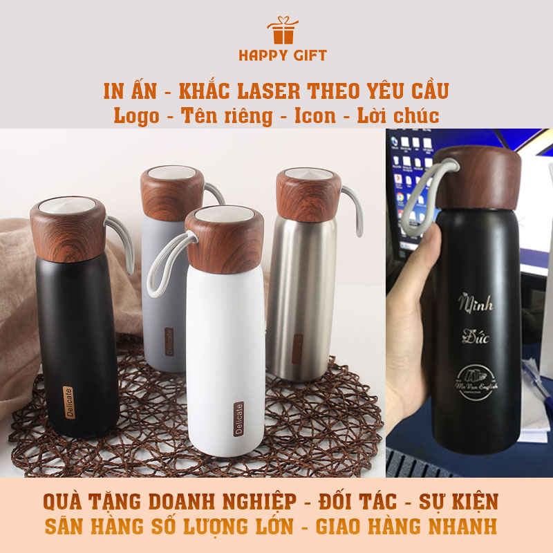 Bình Giữ Nhiệt 500ml Inox 304 Nắp Vân Gỗ Có Dây inox cao cấp Khắc In Logo Theo Yêu Cầu