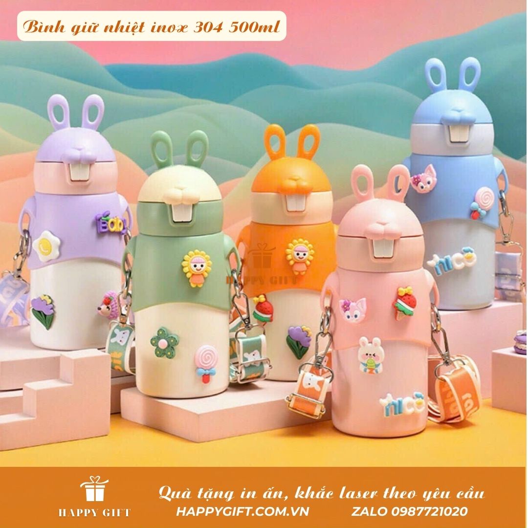 Bình nước giữ nhiệt tai thỏ cho bé dung tích 500ml hai nắp tặng túi đeo chéo