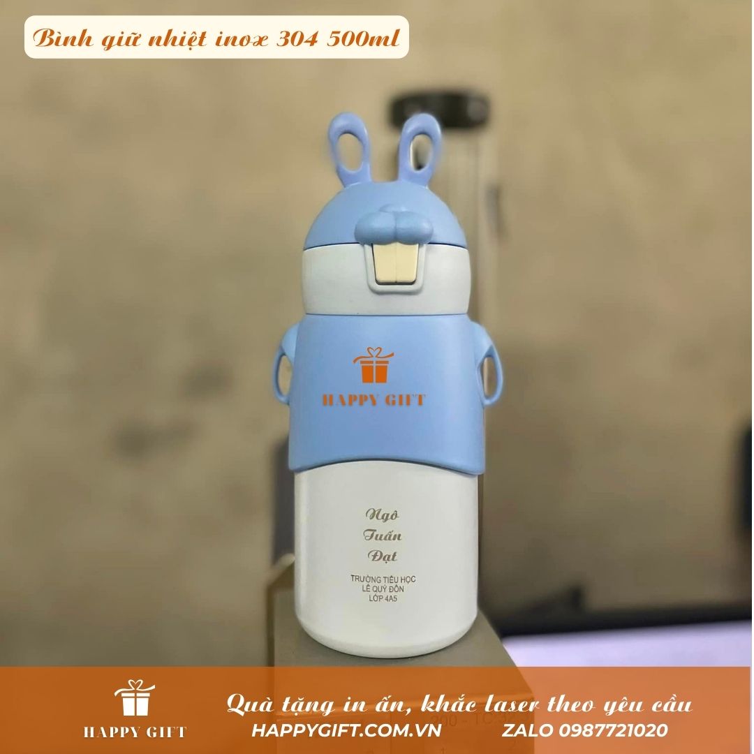 Bình nước giữ nhiệt tai thỏ cho bé dung tích 500ml hai nắp tặng túi đeo chéo