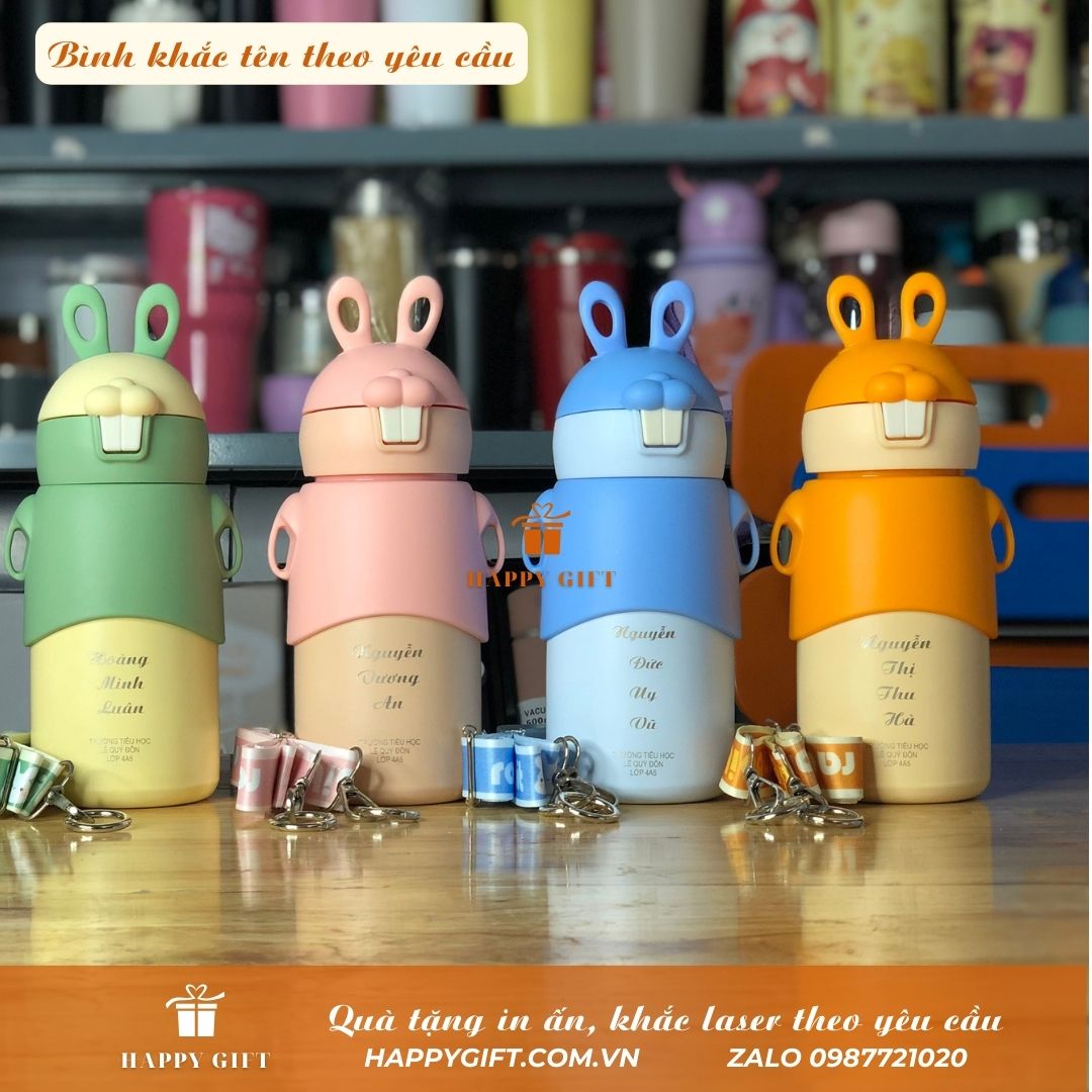 Bình nước giữ nhiệt tai thỏ cho bé dung tích 500ml hai nắp tặng túi đeo chéo