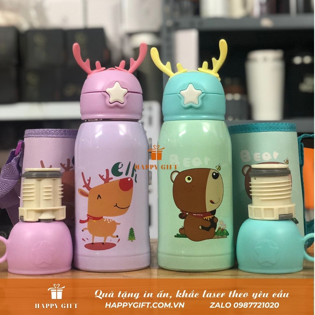 Bình Nước Giữ Nhiệt Tai Hươu Cute Đáng yêu Cho Bé  Lõi Thép Không Gỉ, Phù Hợp Đi Học, Dã Ngoại