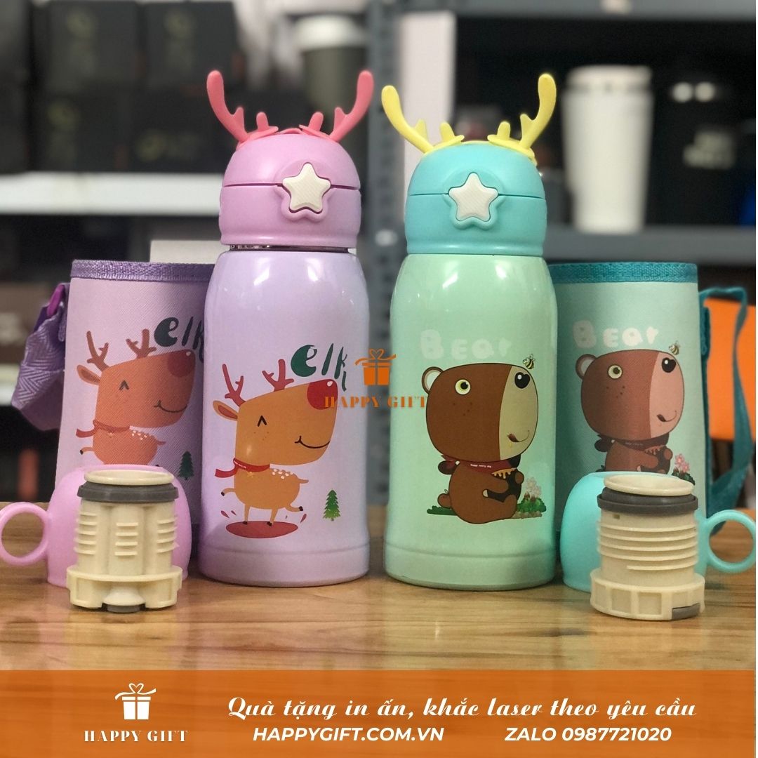 Bình Nước Giữ Nhiệt Tai Hươu Cute Đáng yêu Cho Bé  Lõi Thép Không Gỉ, Phù Hợp Đi Học, Dã Ngoại