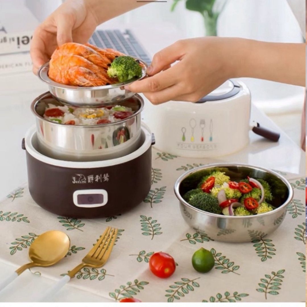 Hộp đựng cơm giữ nhiệt, hâm nóng nhanh thức ăn lõi inox, cắm điện 3 tầng