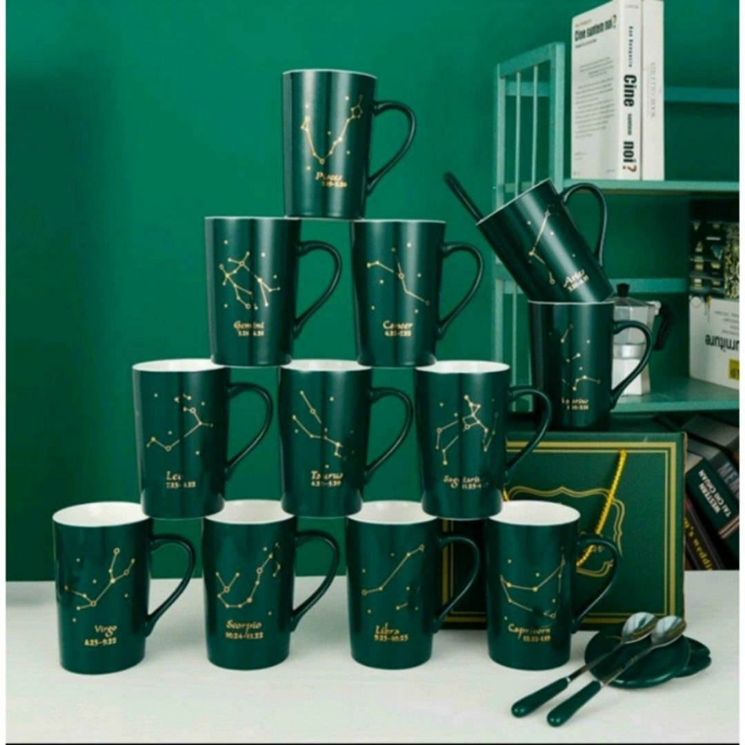 Cốc sứ xanh hiện đại có nắp thìa màu vàng dung tích 400ml họa tiết, ly sứ quà tặng ý nghĩa