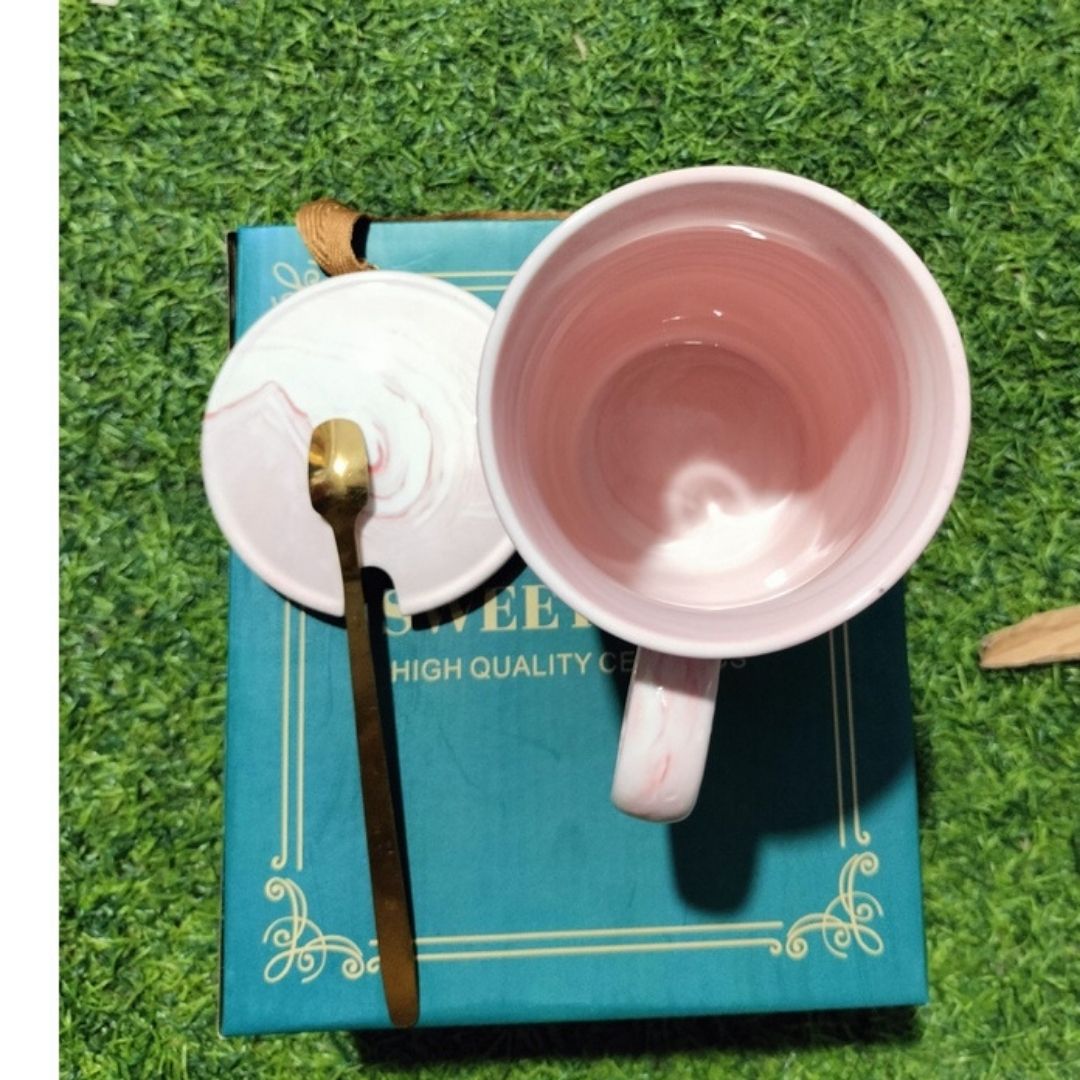 Cốc sứ xanh hiện đại có nắp thìa màu vàng dung tích 400ml họa tiết, ly sứ quà tặng ý nghĩa